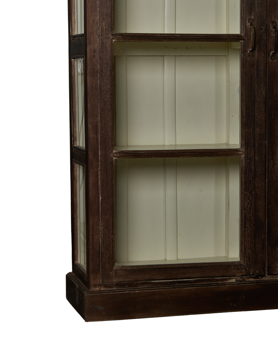 Vintage Indian oak display cabinet, showing interior shelves and subtle distressed finish detail.