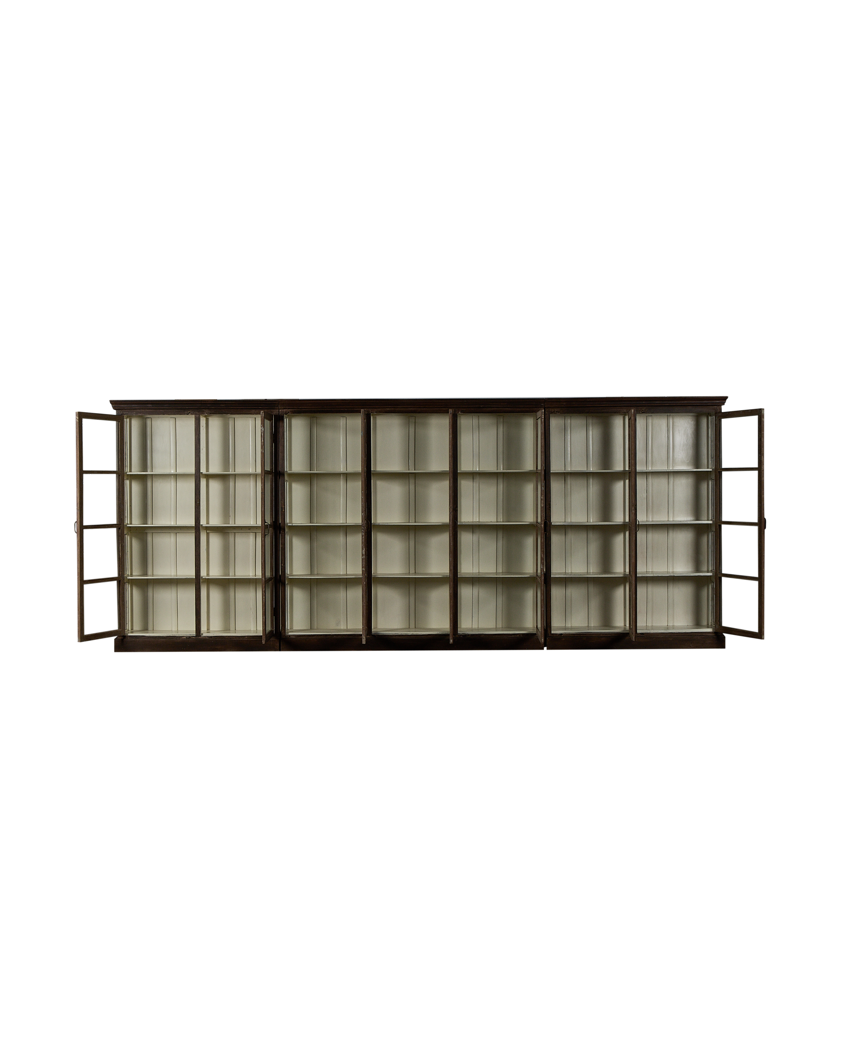 Long vintage Indian oak wood display cabinet, multiple doors open, showcasing natural distressed details.