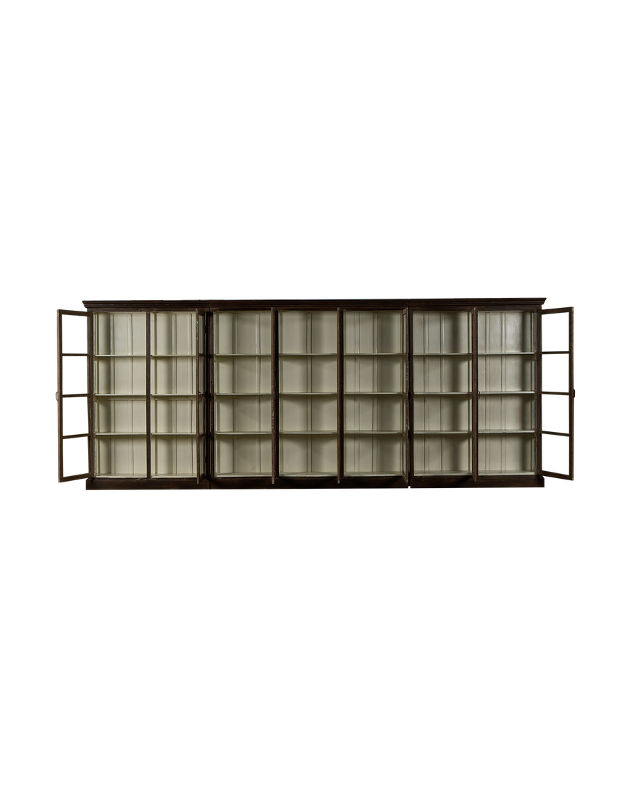 Long vintage Indian oak wood display cabinet, multiple doors open, showcasing natural distressed details.