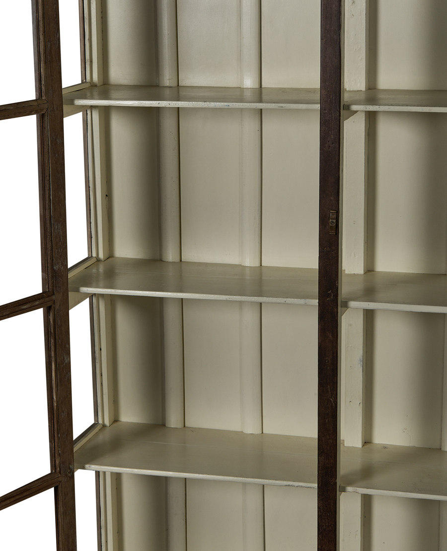 Vintage Indian oak display cabinet showing cream-painted adjustable shelves and natural wood framing.