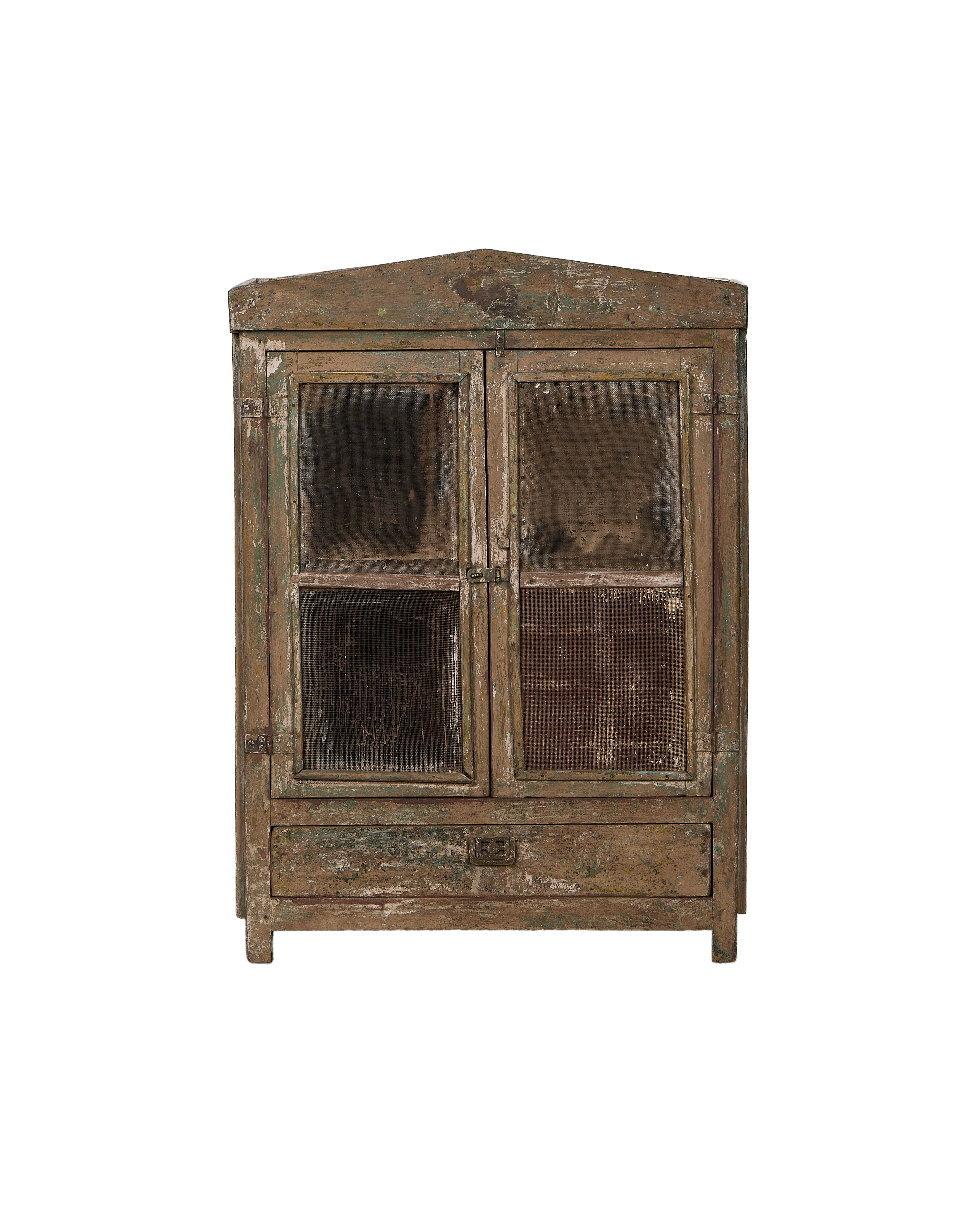 Vintage Indian bleached oak cabinet with distressed paint, double mesh doors, and single drawer.