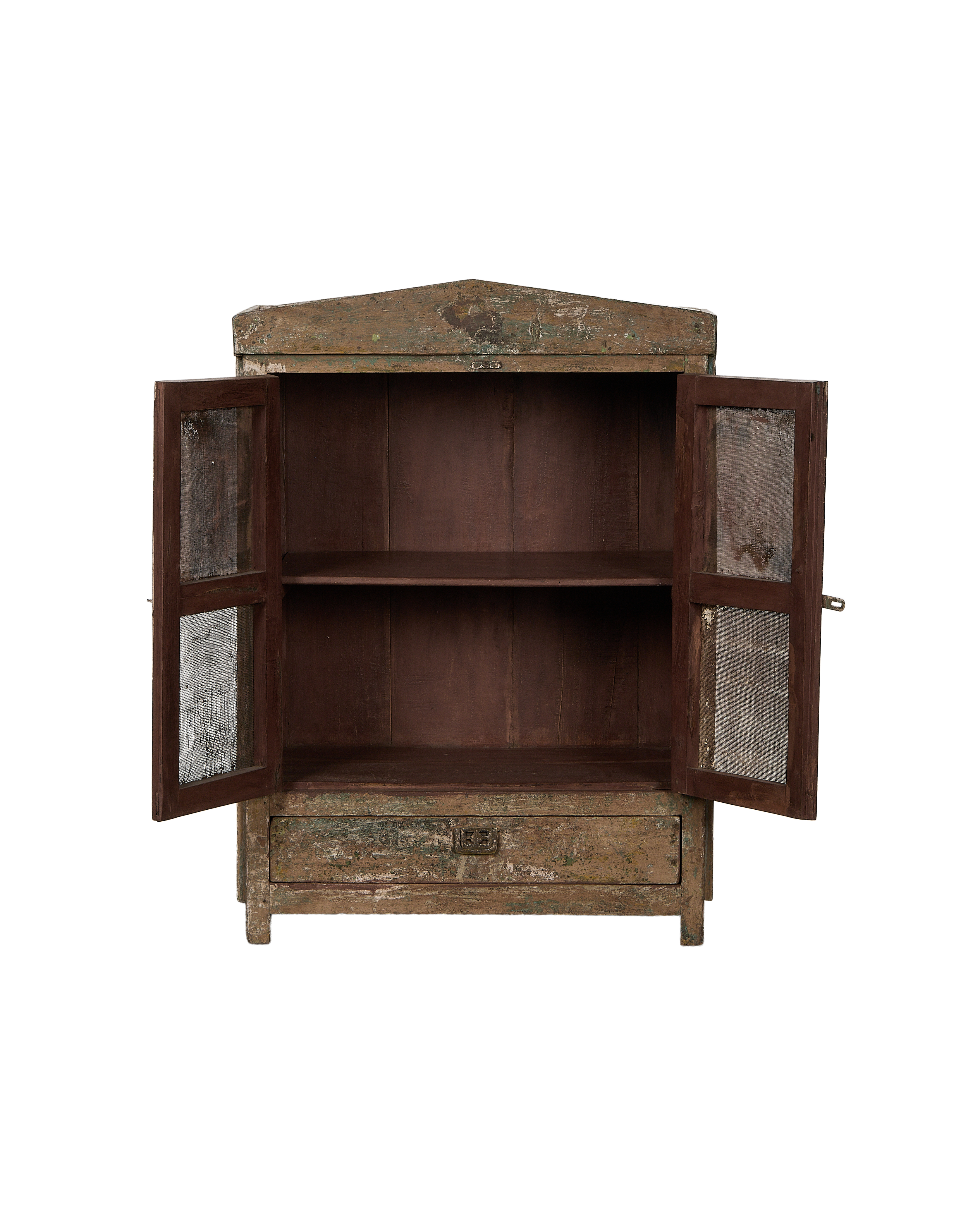 Vintage bleached oak cabinet from India, open doors revealing shelves and drawer.