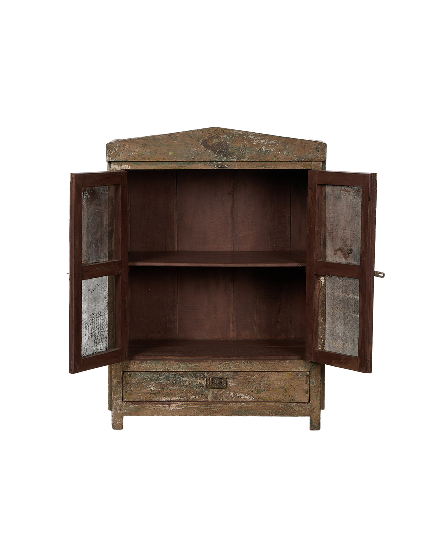 Vintage bleached oak cabinet from India, open doors revealing shelves and drawer.