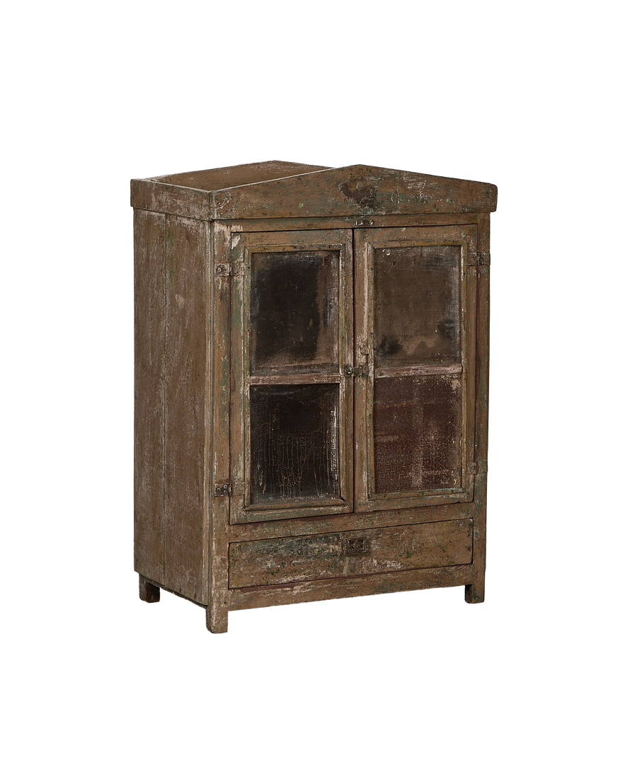 Vintage bleached oak cabinet from India, showing rustic charm and patina on two doors and drawer.