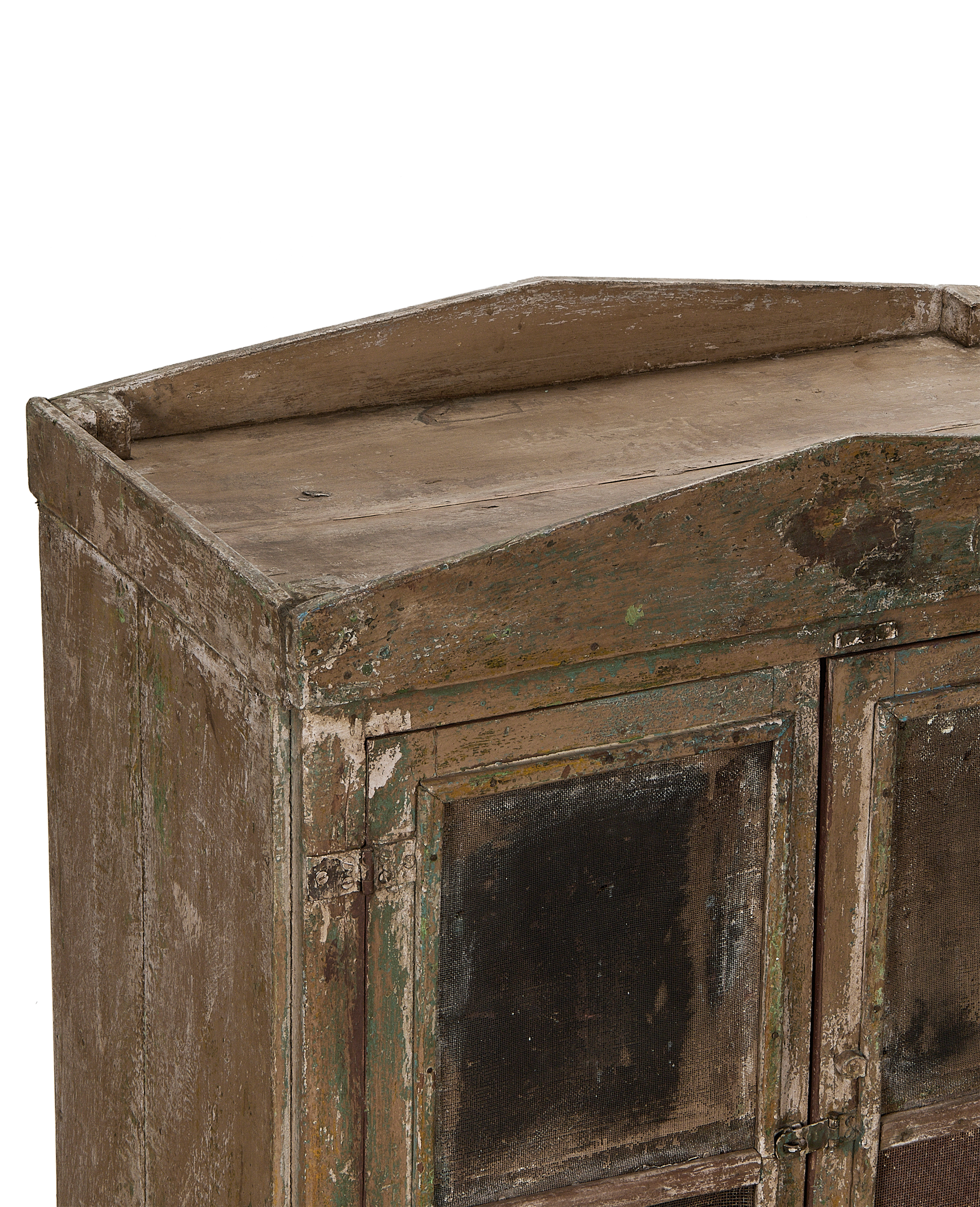 Vintage bleached oak cabinet from India, showing distressed top surface and paint details.