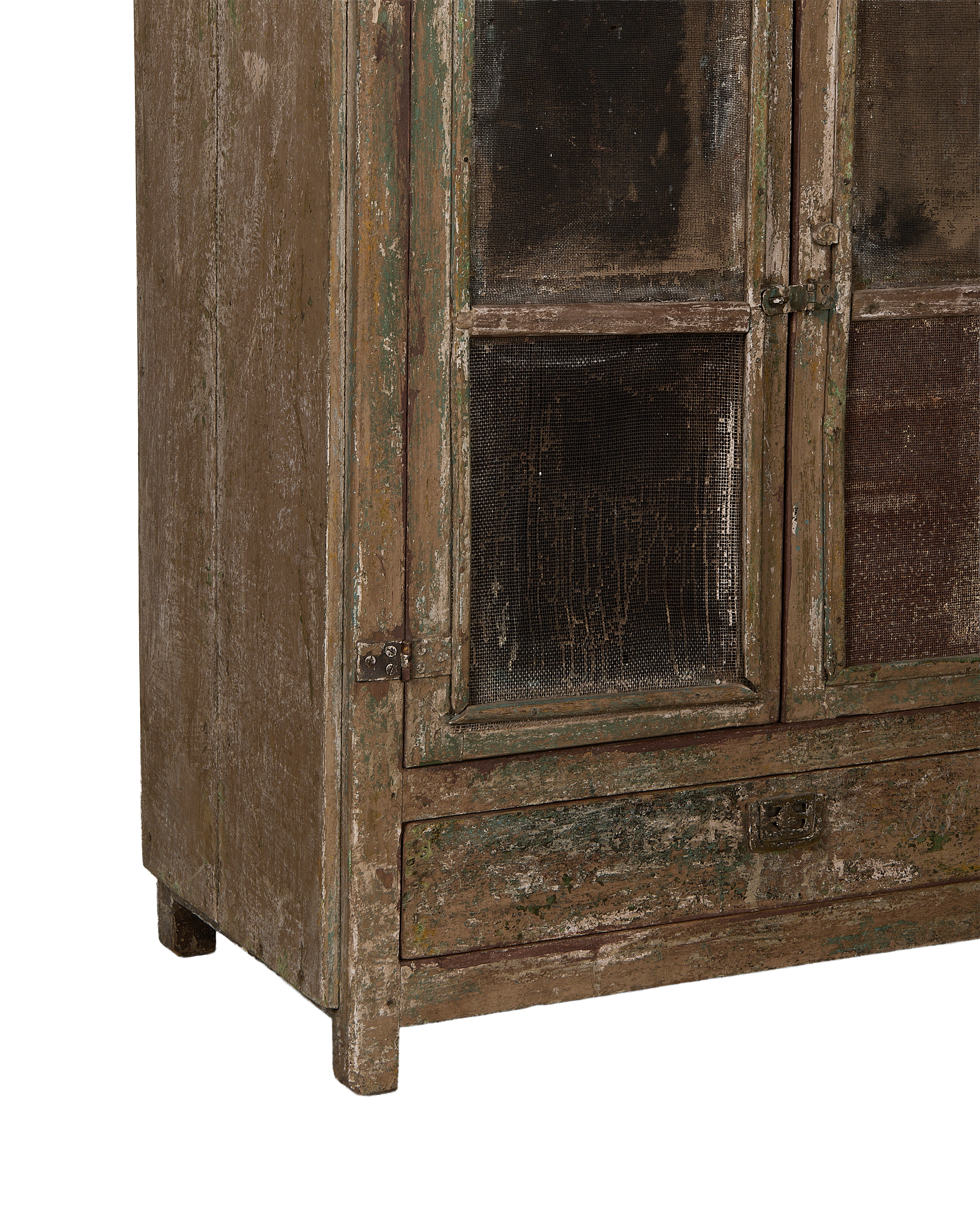 Vintage bleached oak cabinet from India, showing screen doors, hinge, drawer detail.