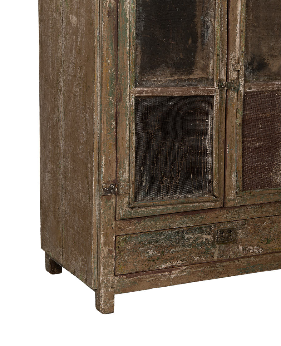 Vintage bleached oak cabinet from India, showing screen doors, hinge, drawer detail.