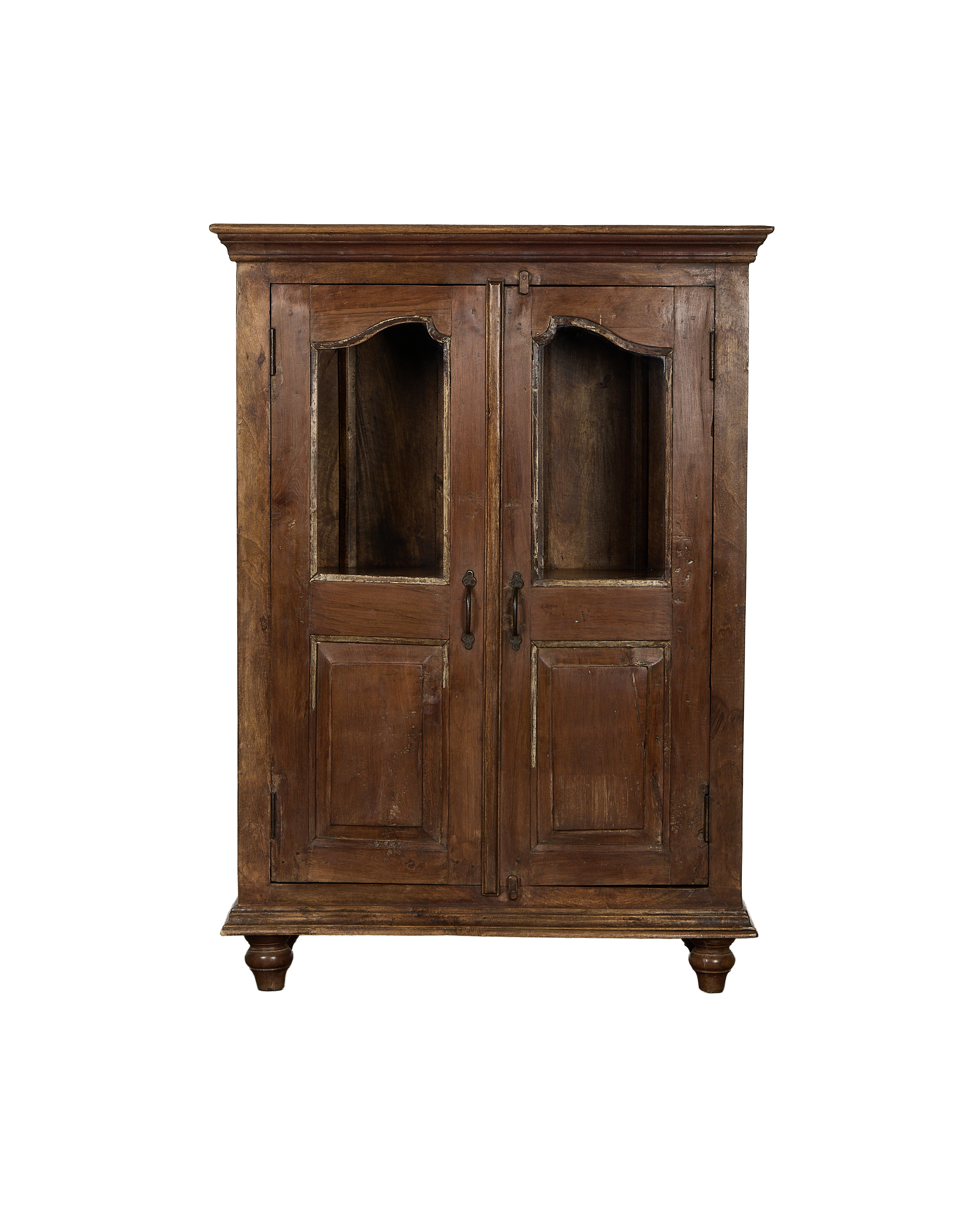 Vintage Indian oak wood cabinet, natural finish, featuring two glass-paneled doors and turned feet.