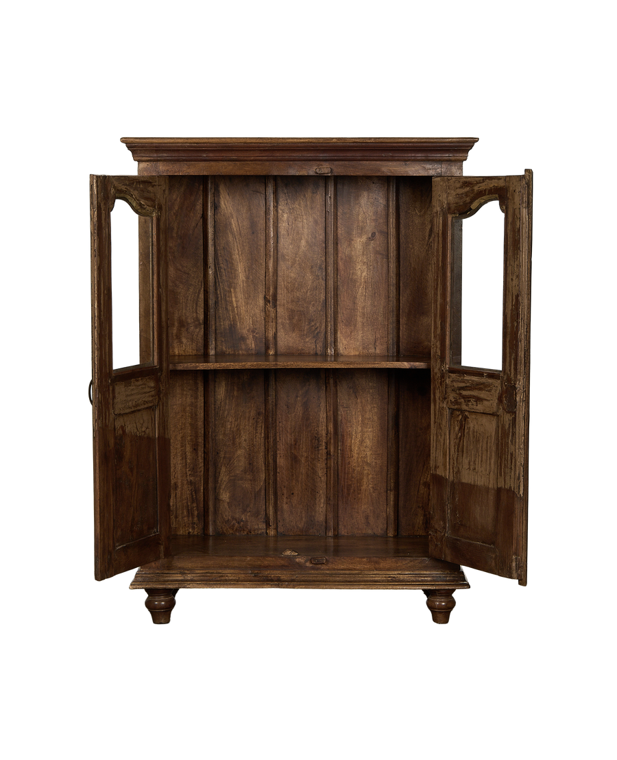 Vintage Indian oak wood display cabinet with open doors and single shelf.