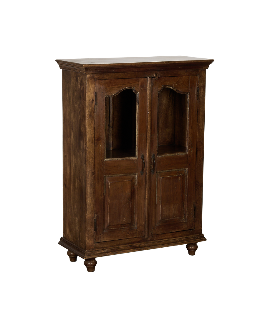 Vintage Indian oak wood cabinet, natural finish, featuring rounded feet and classic appeal.