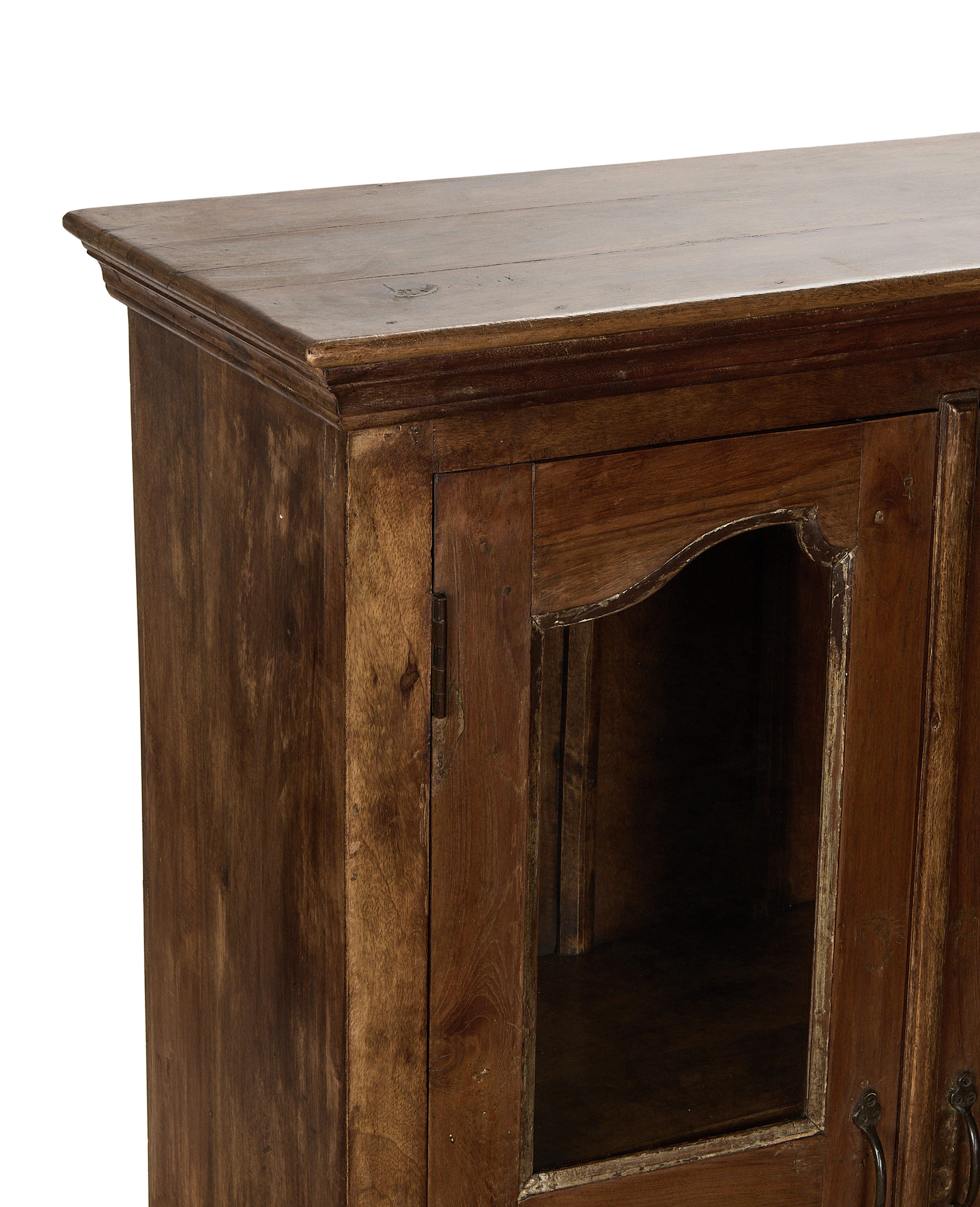 Vintage Indian oak cabinet top and side view, showing natural wood grain and glass door.