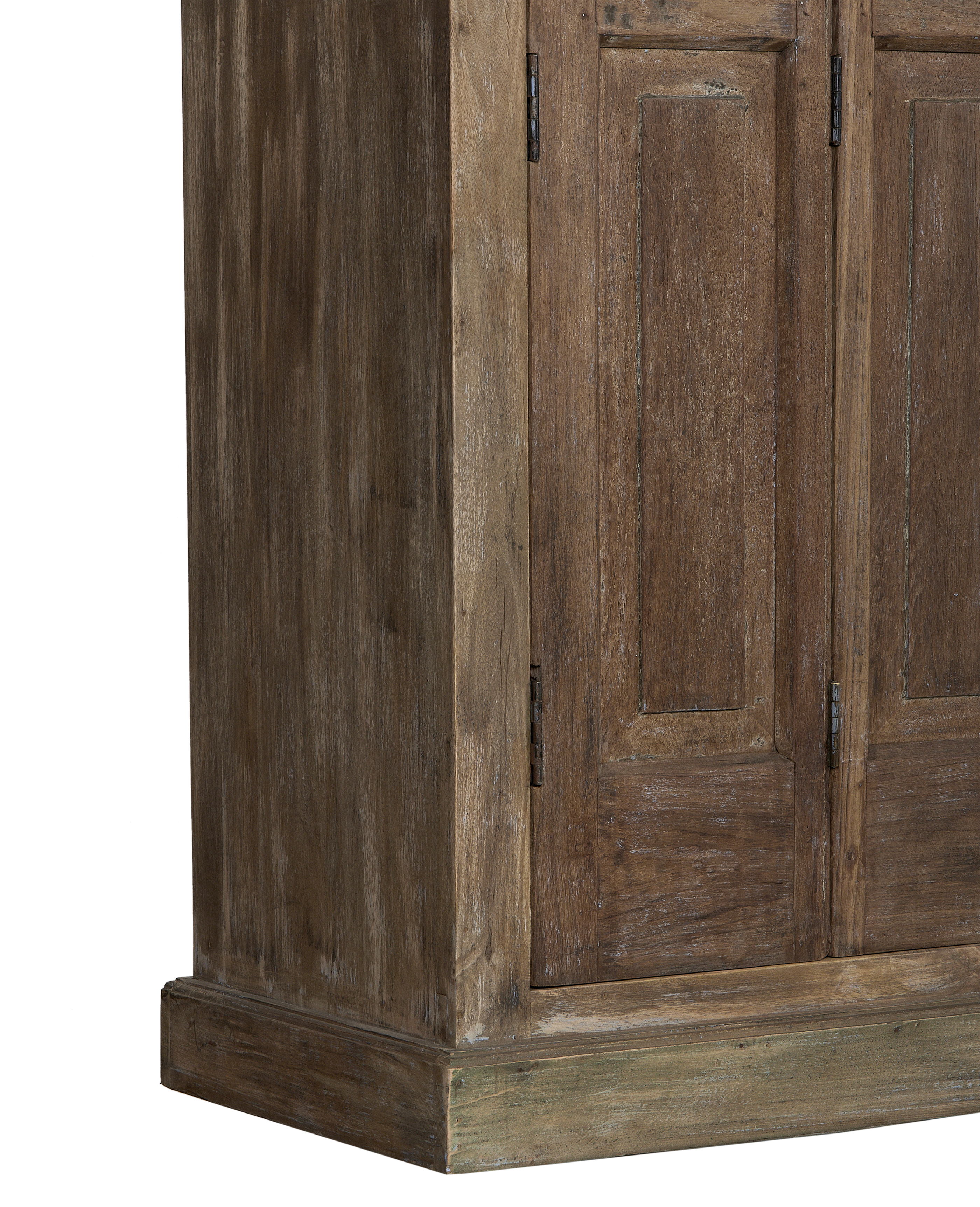 Vintage bleached oak wood cabinet with subtle hinge details and distressed base.