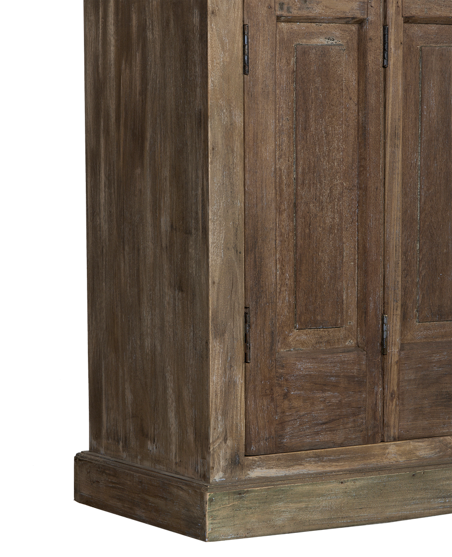 Vintage bleached oak wood cabinet with subtle hinge details and distressed base.