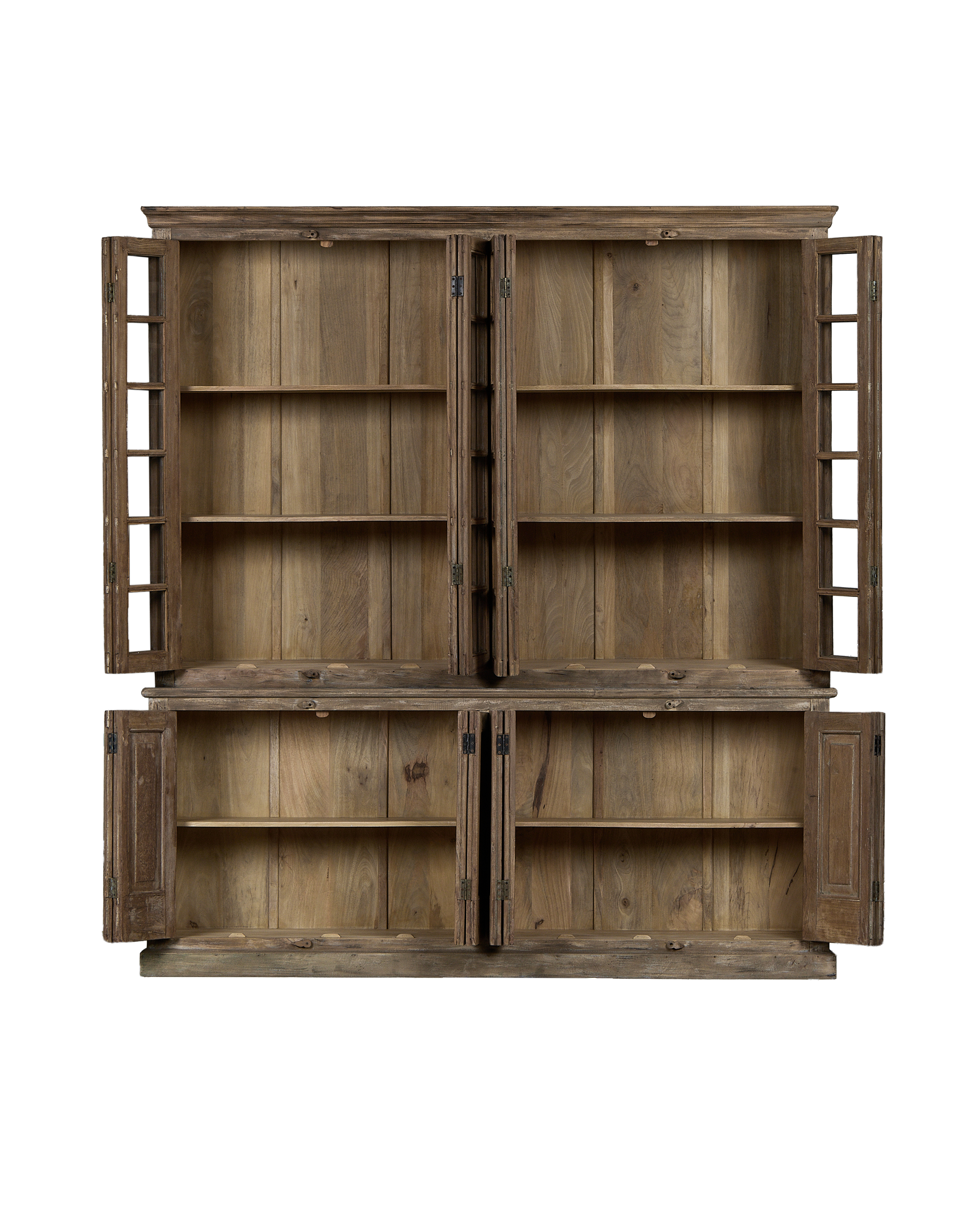 Vintage bleached oak cabinet from India, displaying open doors, glass panes, and interior shelves.