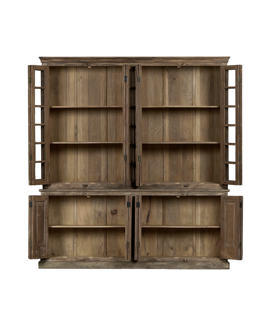 Vintage bleached oak cabinet from India, displaying open doors, glass panes, and interior shelves.
