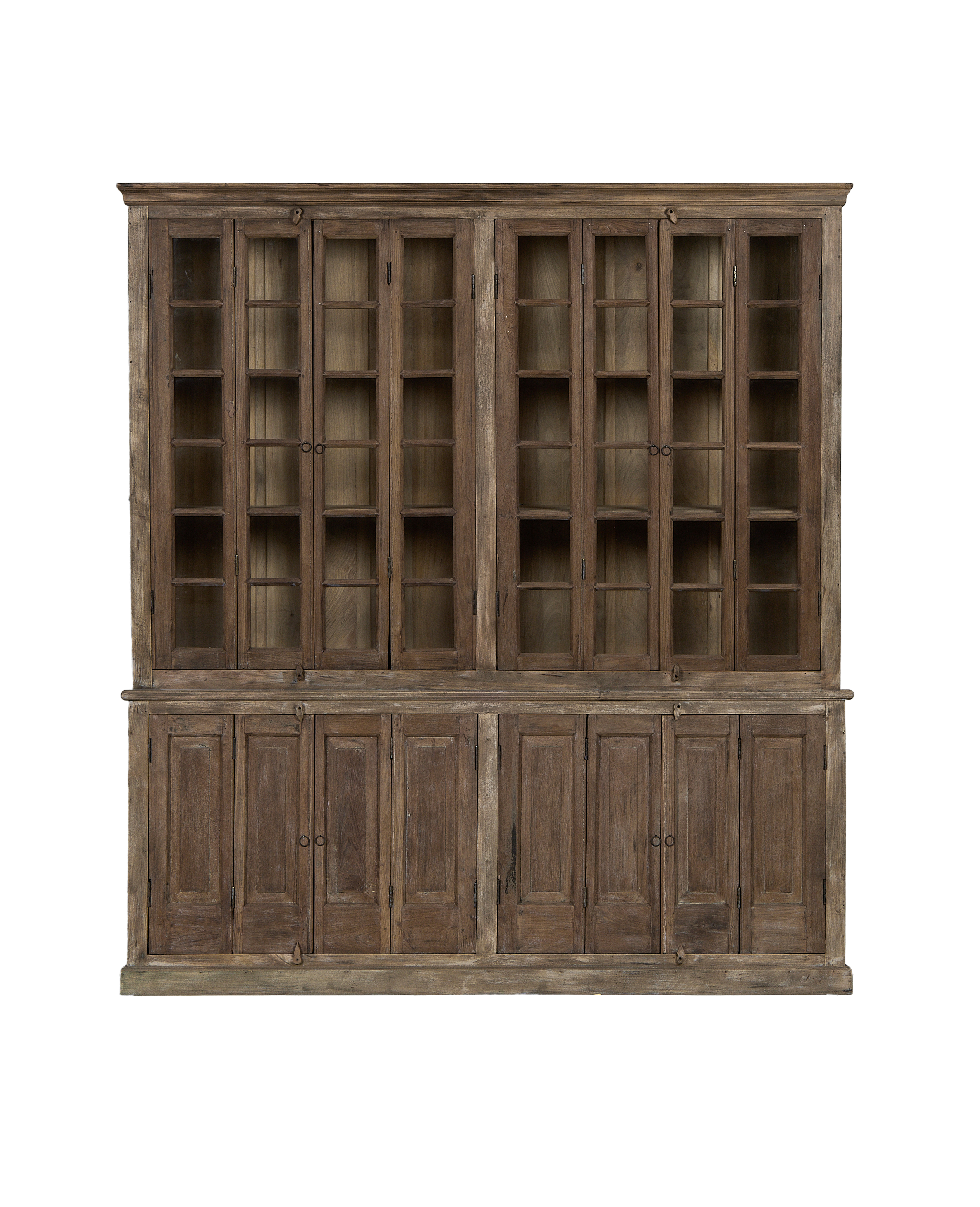 Vintage bleached oak display cabinet from India, featuring glass upper doors and closed lower compartments.