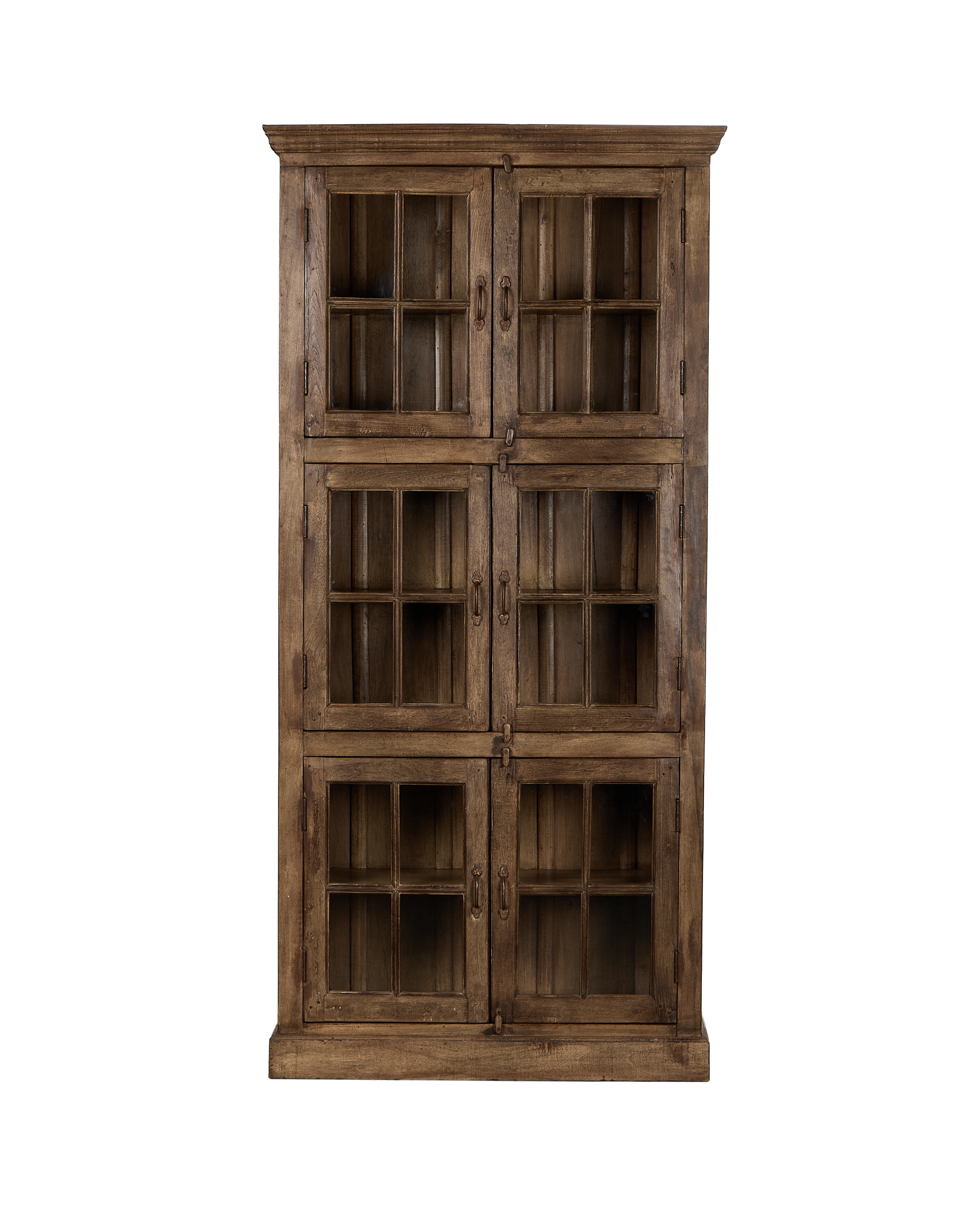 Vintage bleached oak display cabinet from India, featuring glass-paneled doors, rustic metal hardware.