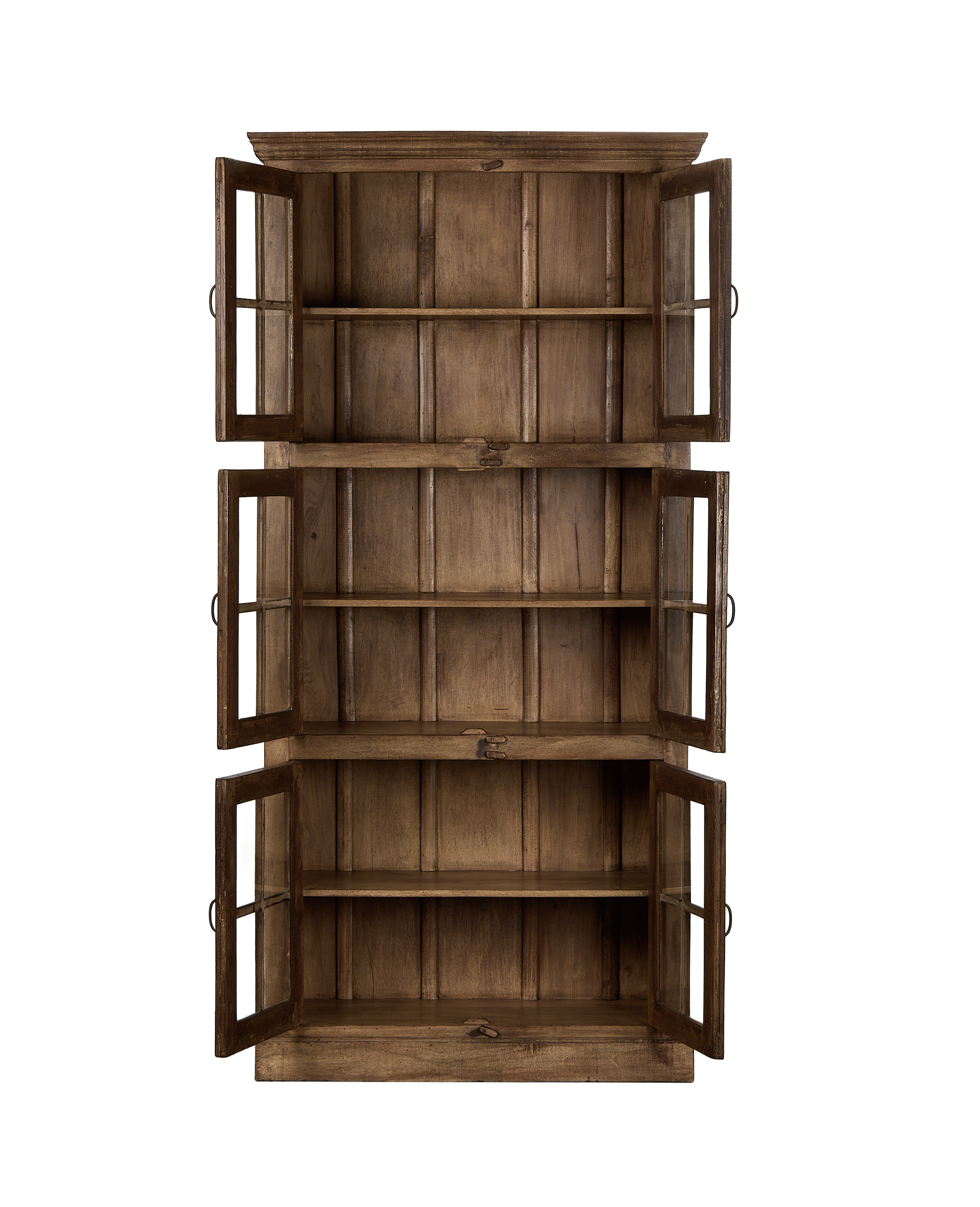 Vintage bleached oak cabinet from India, open doors reveal three-tier interior shelving.