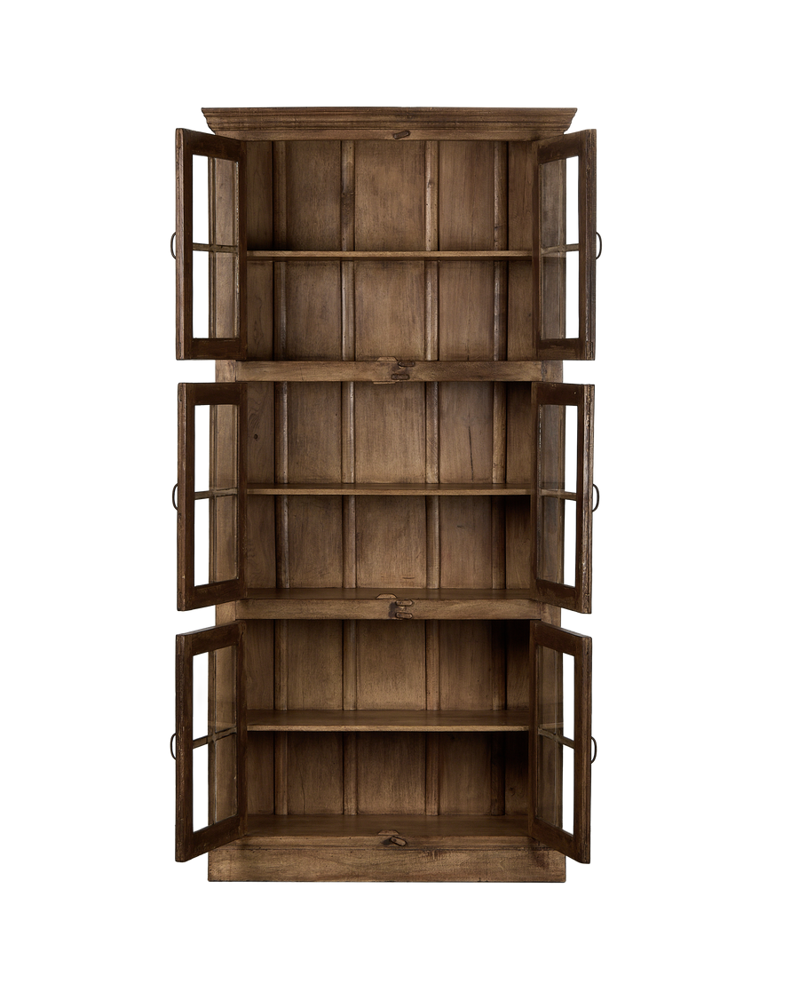 Vintage bleached oak cabinet from India, open doors reveal three-tier interior shelving.