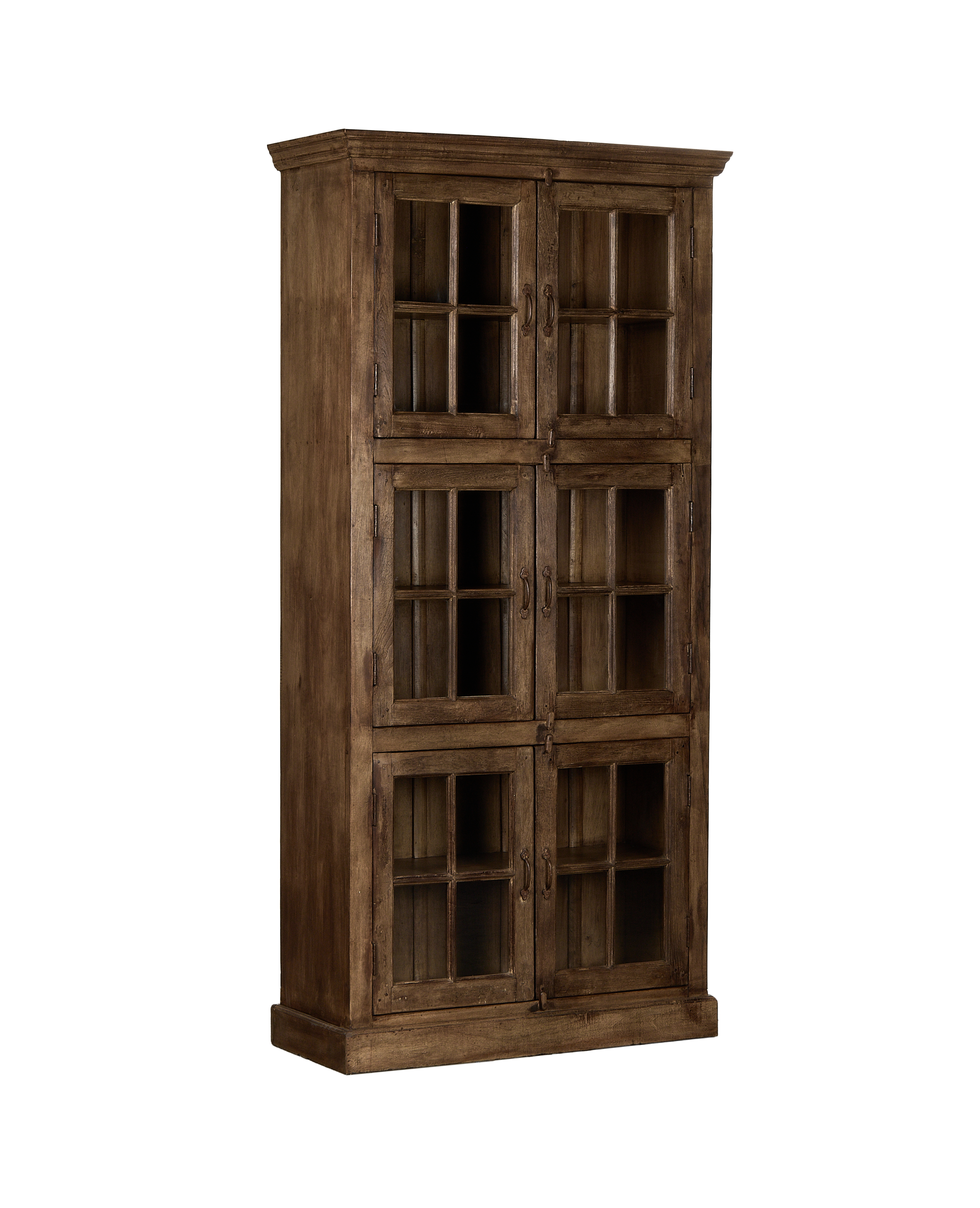 Vintage oak cabinet from India, bleached with four glass-paneled doors.
