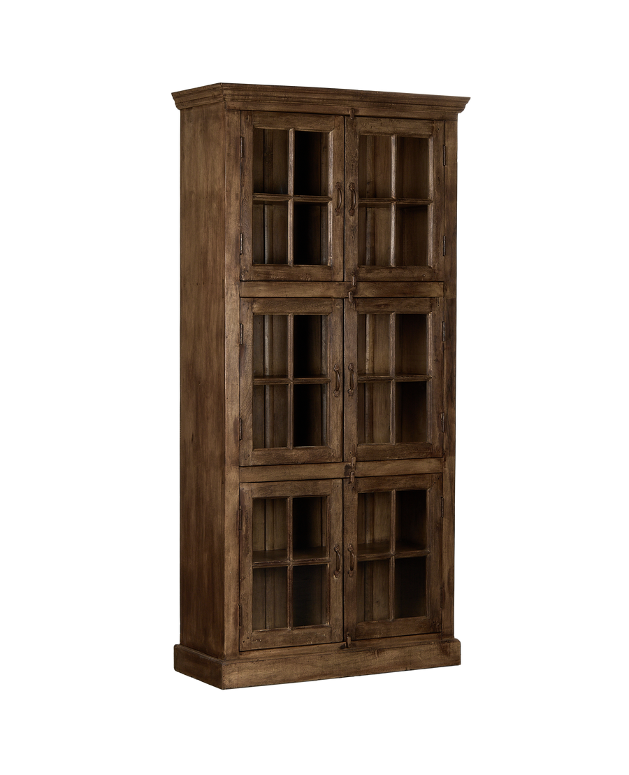 Vintage oak cabinet from India, bleached with four glass-paneled doors.