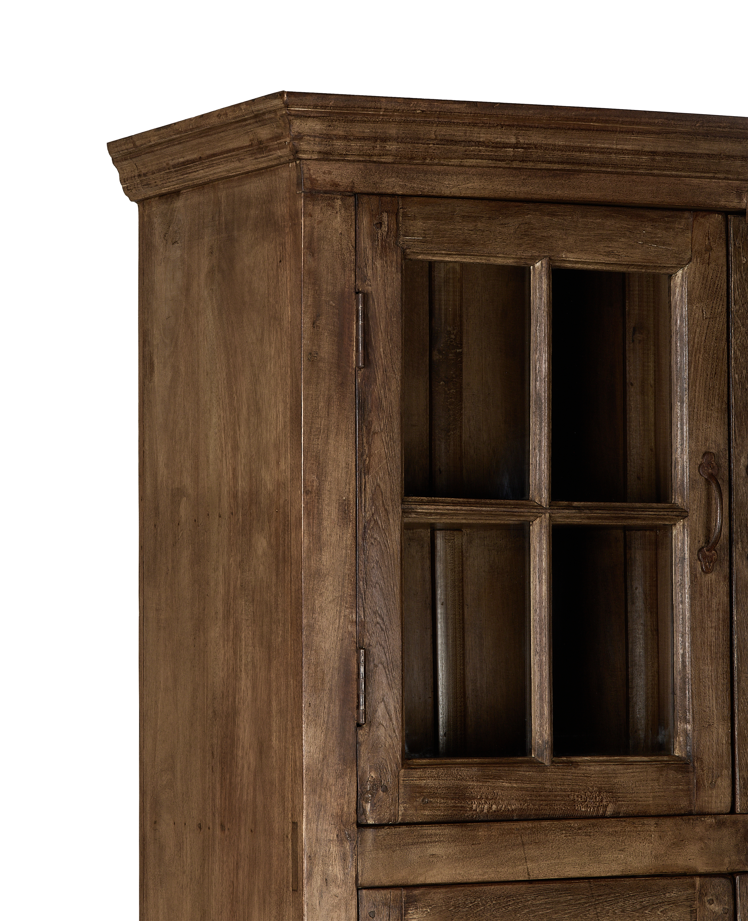 Vintage bleached oak cabinet, India, showing intricate door detail, glass pane, and weathered wood.