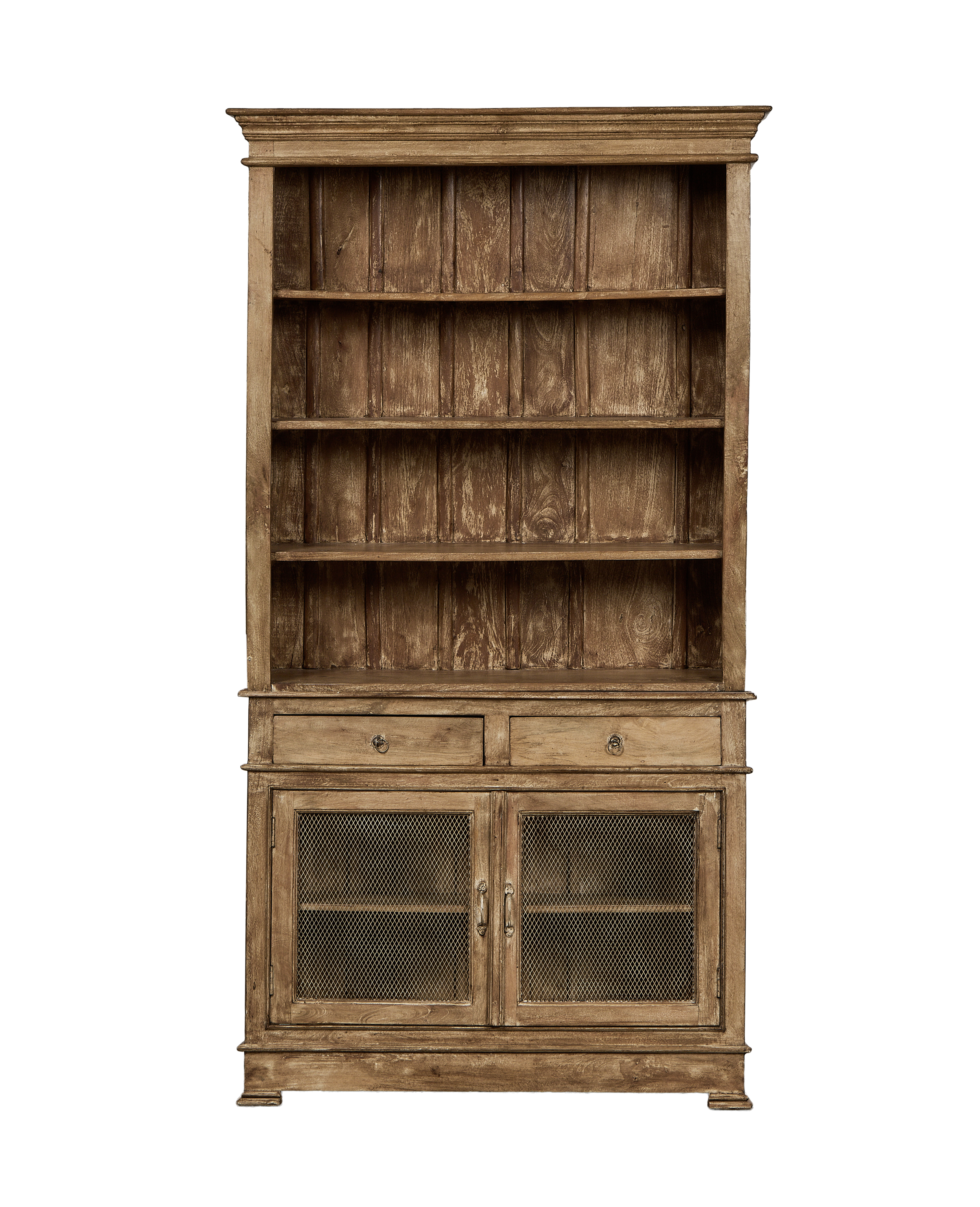 Vintage Indian oak cabinet, painted finish, with open shelves, two drawers, and two mesh doors.