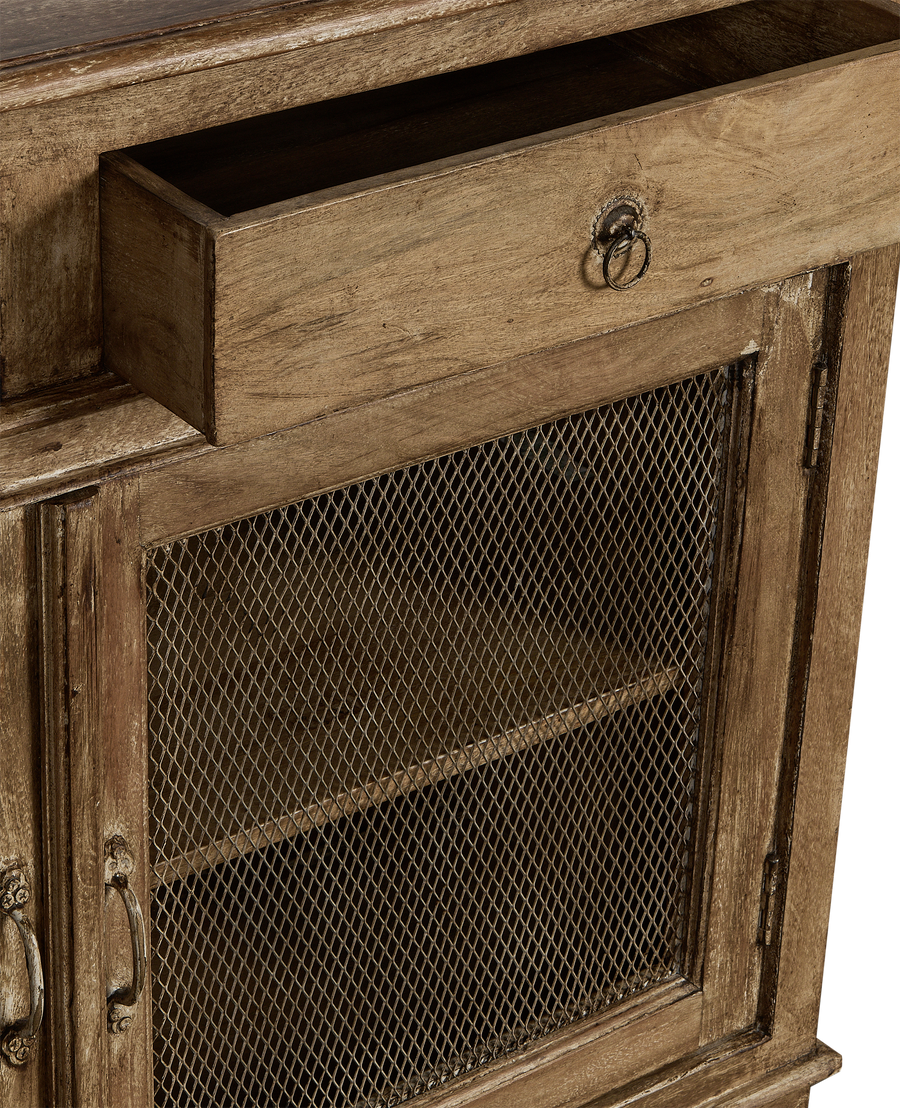 Vintage Indian painted OAK cabinet: open drawer and meshed door showing interior shelf.