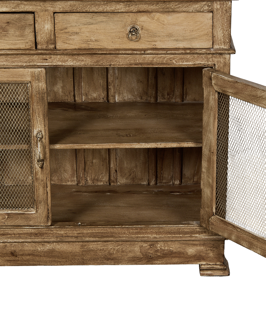 Vintage Indian oak cabinet interior. Distressed painted wood, open door showing fixed shelf.