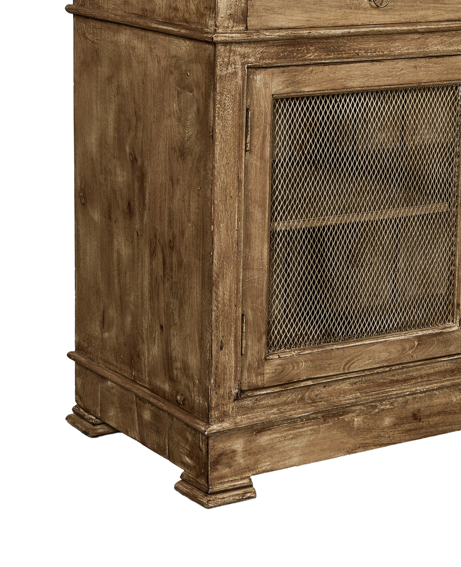 Vintage painted oak cabinet from India, showing screen door details and distressed finish.