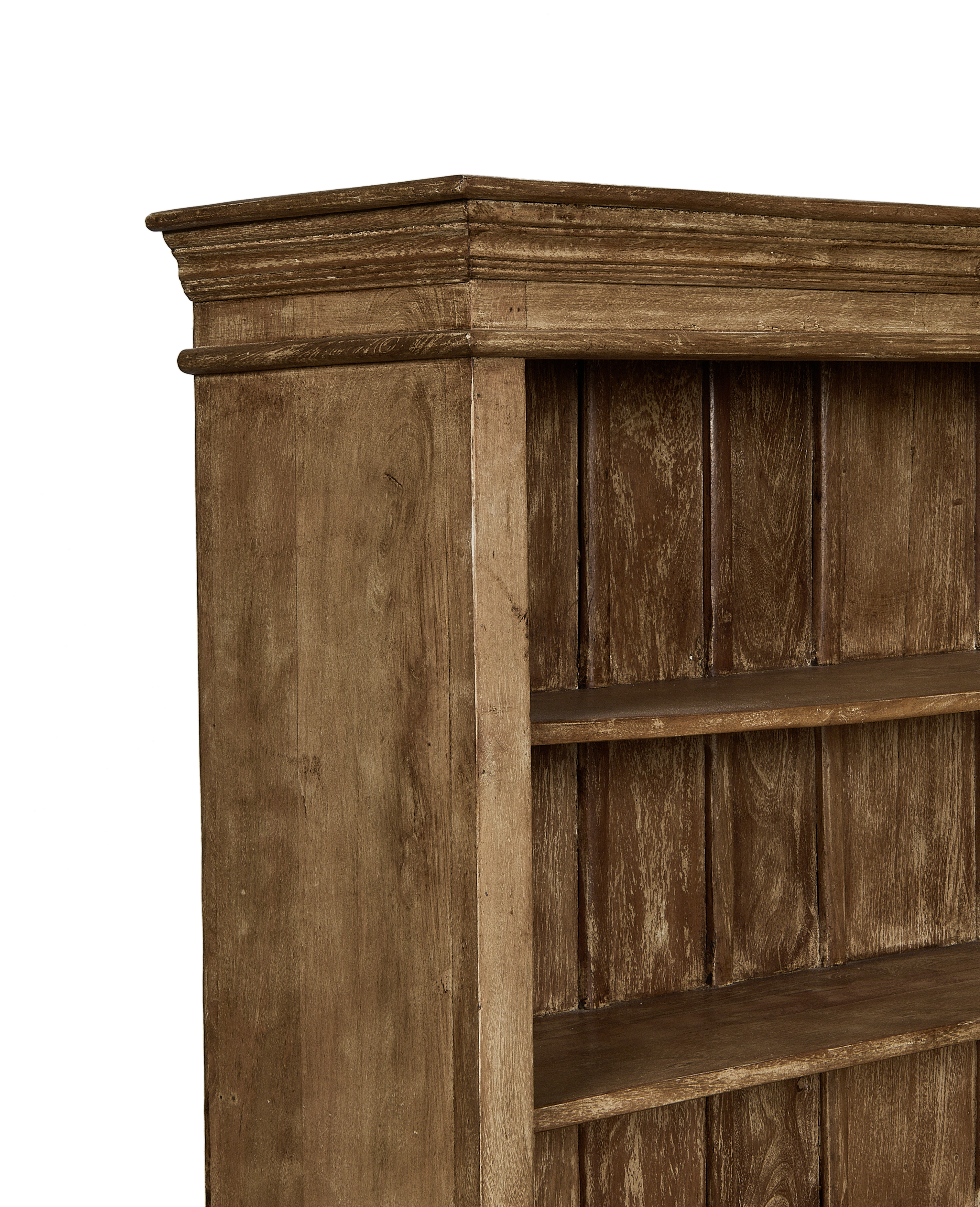 Close-up, vintage oak Indian cabinet showing distressed painted finish, decorative cornice, and wood shelves.