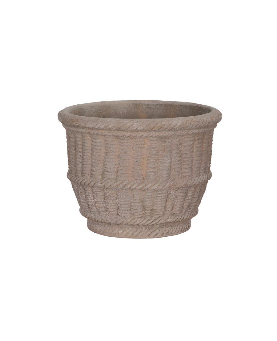 Vietnamese terracotta Espalier Basket Pot with unique rope and basketweave texture.