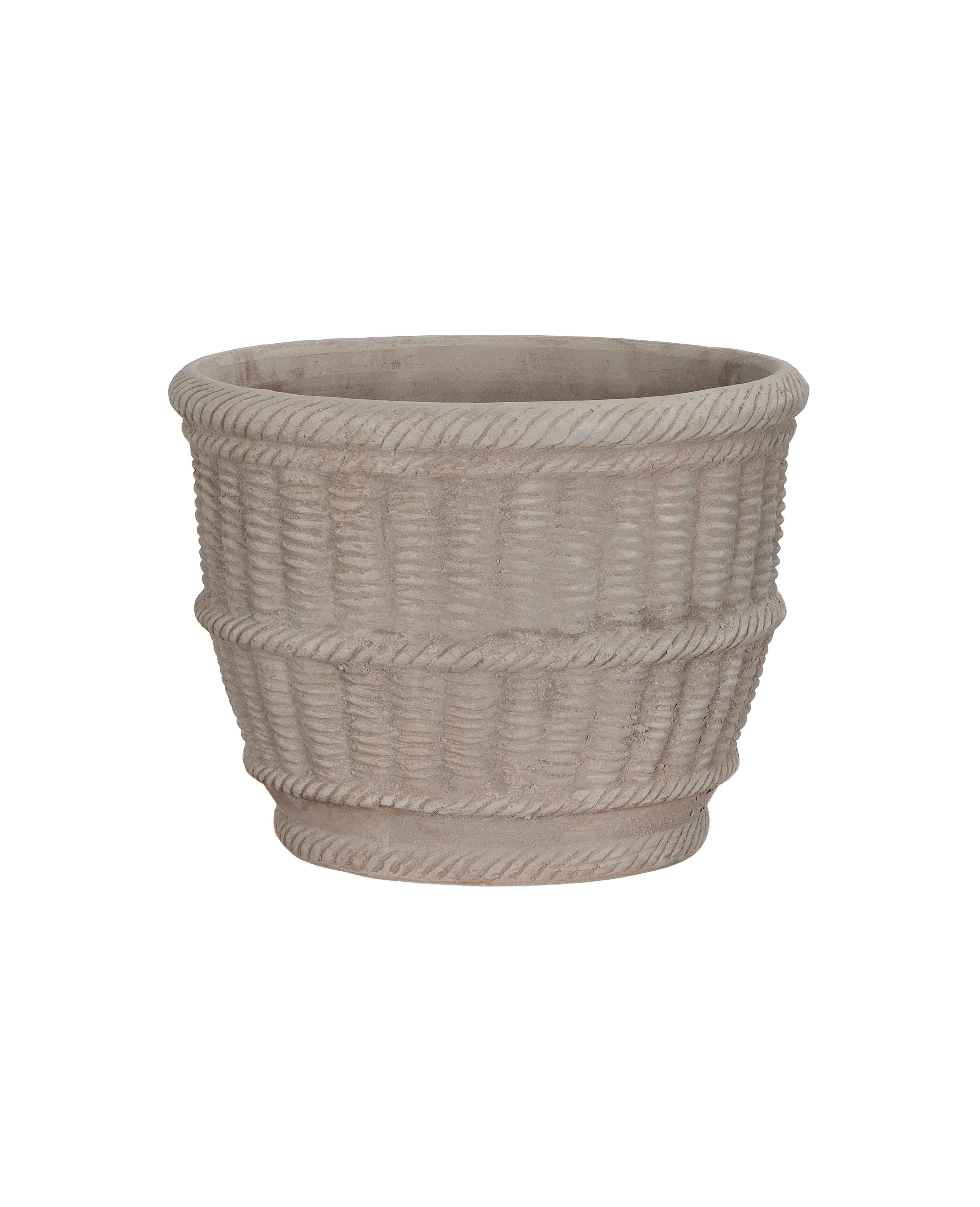 Full view of vintage Vietnamese espalier basket pot, displaying rope-like textured details.