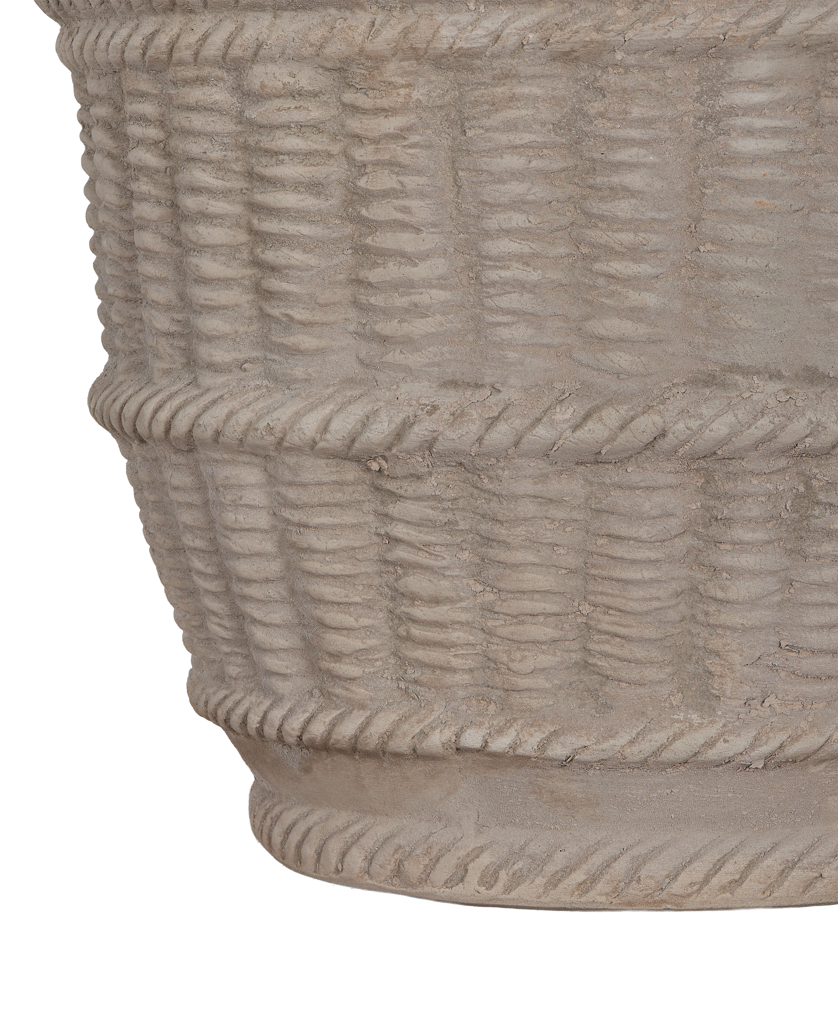 Close-up of concrete Espalier Basket Pot's detailed rope and wicker texture.