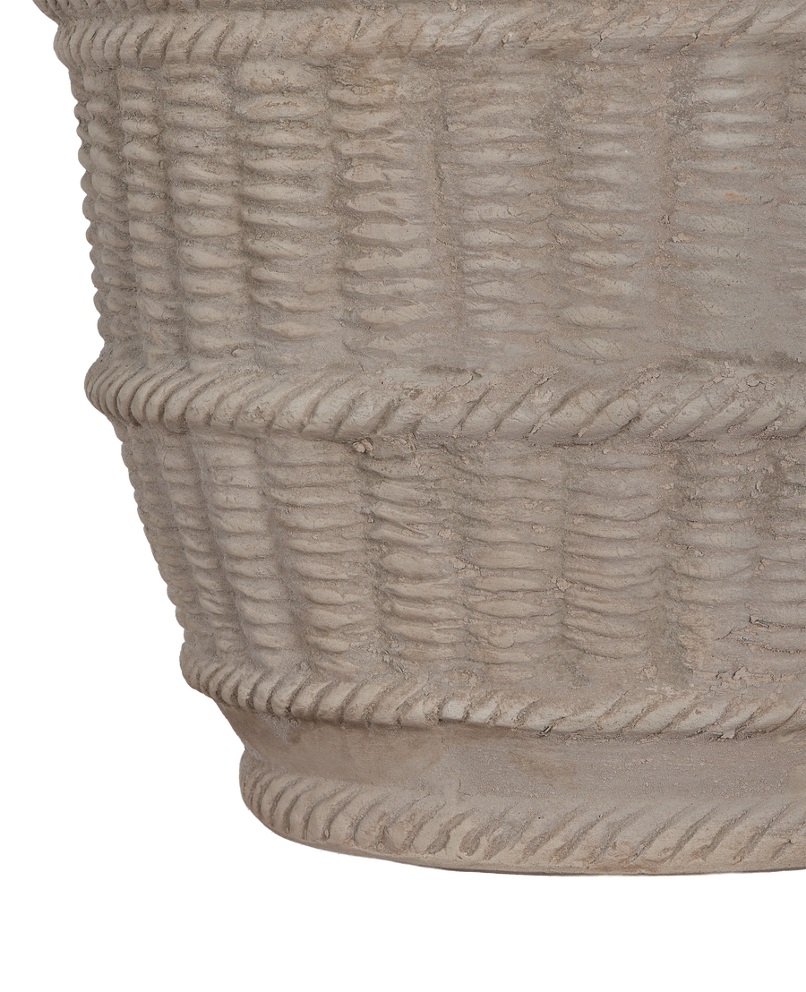 Close-up of concrete Espalier Basket Pot's detailed rope and wicker texture.