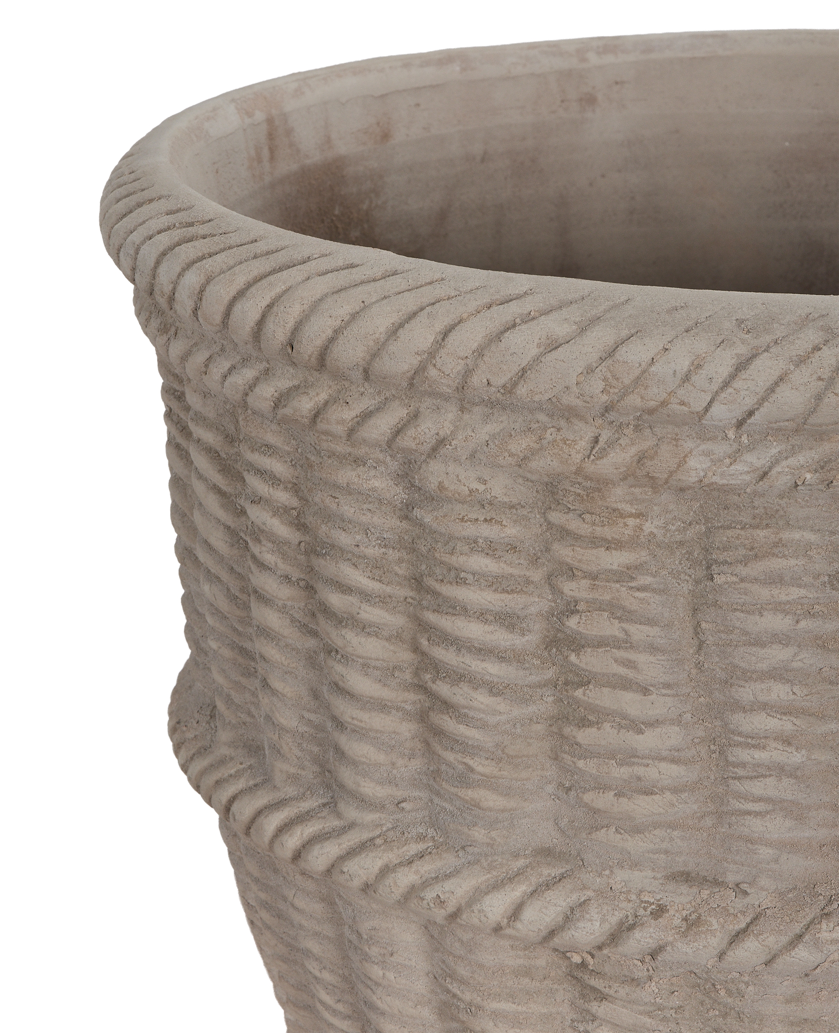 Espalier basket pot, detail of rustic Vietnamese terracotta with textured rope pattern rim.