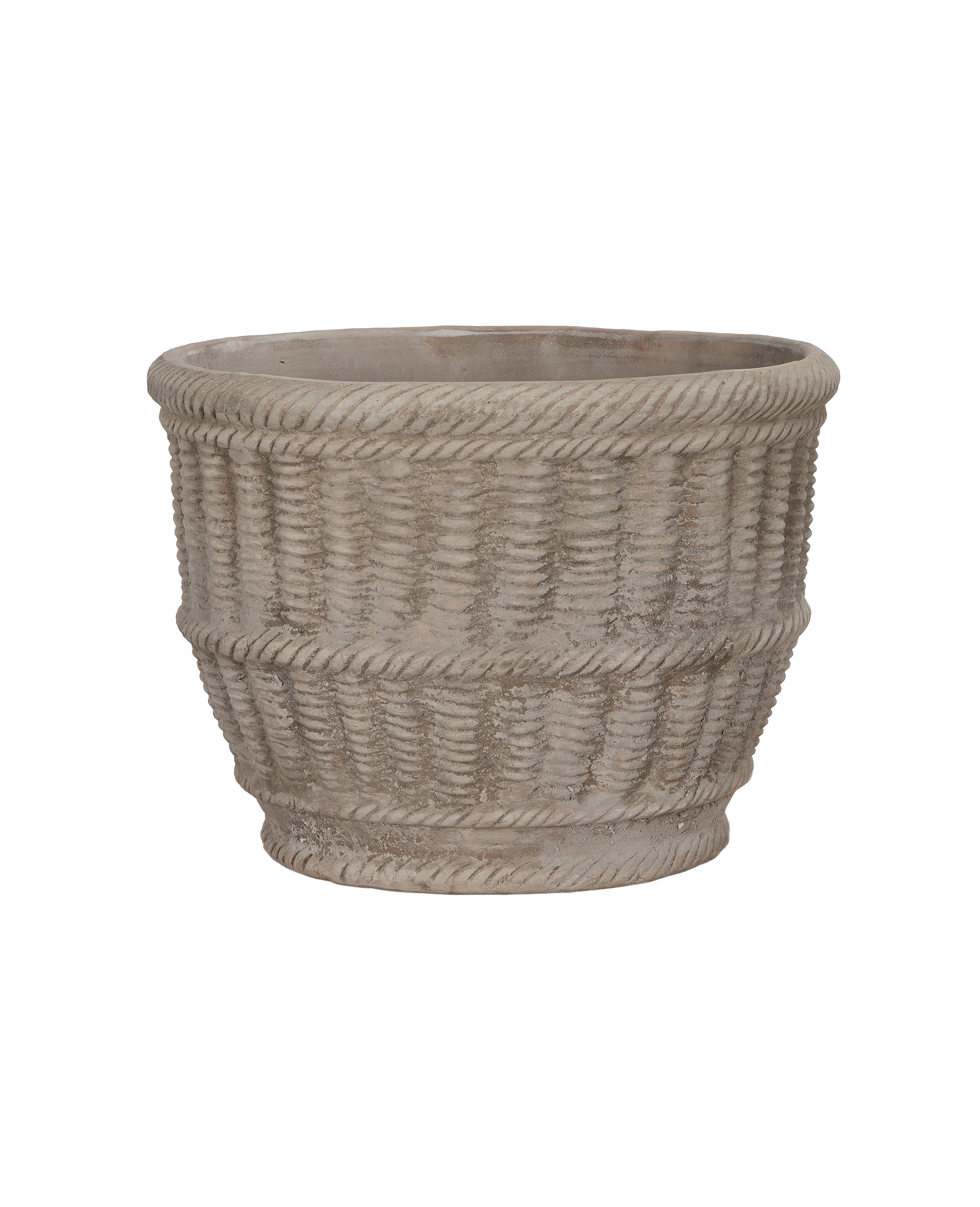Weathered terracotta Espalier Basket Pot from Vietnam, featuring intricate braided and woven texture.