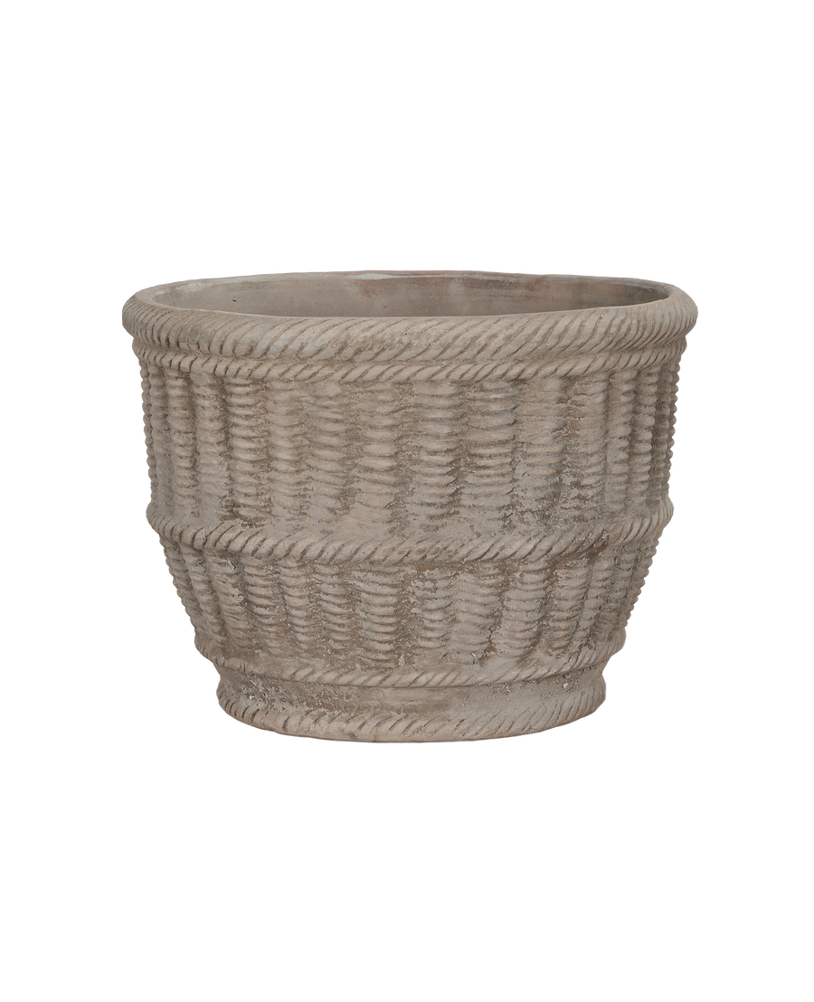 Weathered terracotta Espalier Basket Pot from Vietnam, featuring intricate braided and woven texture.