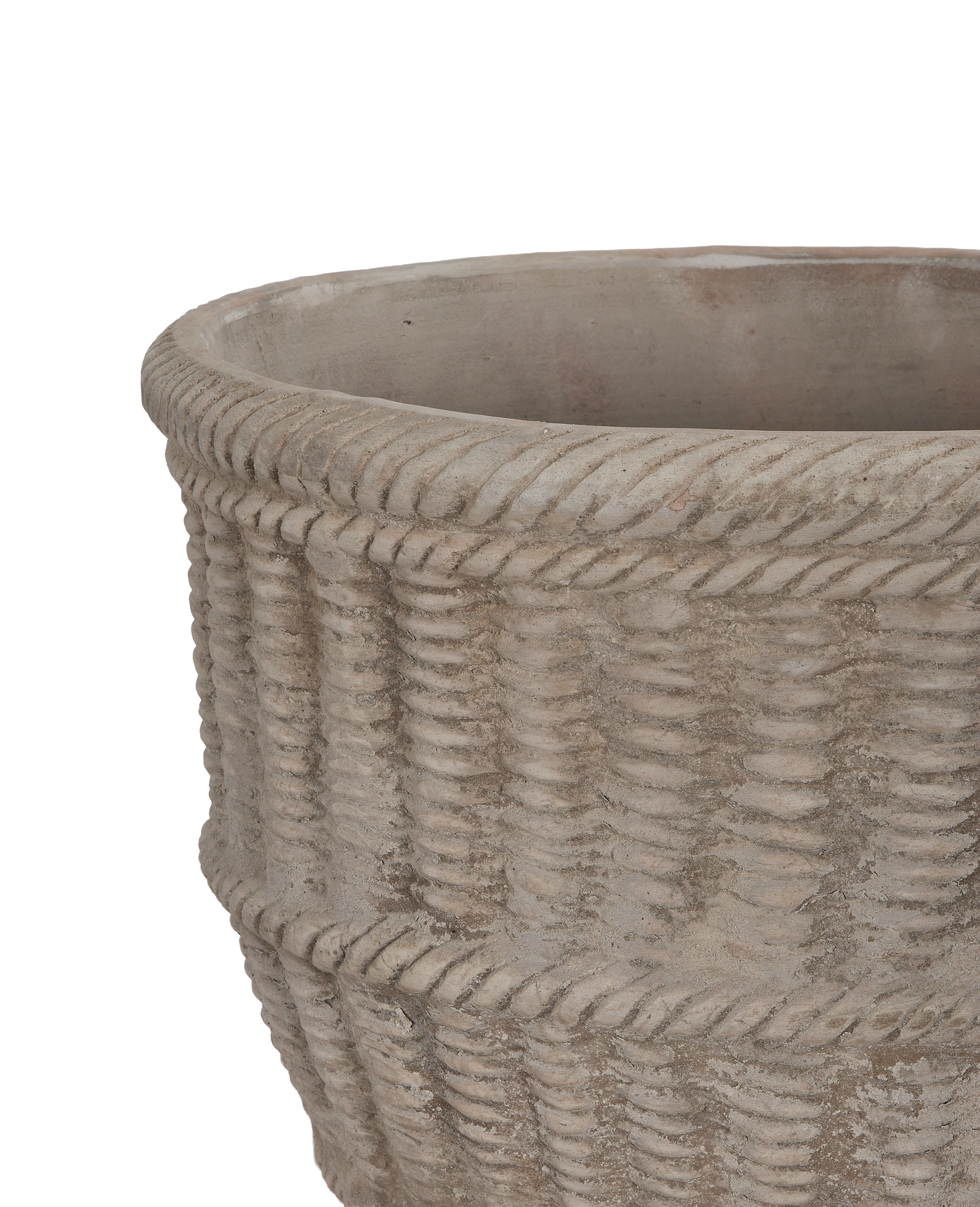 Close-up of the vintage Espalier basket pot's rustic rope texture and rim.