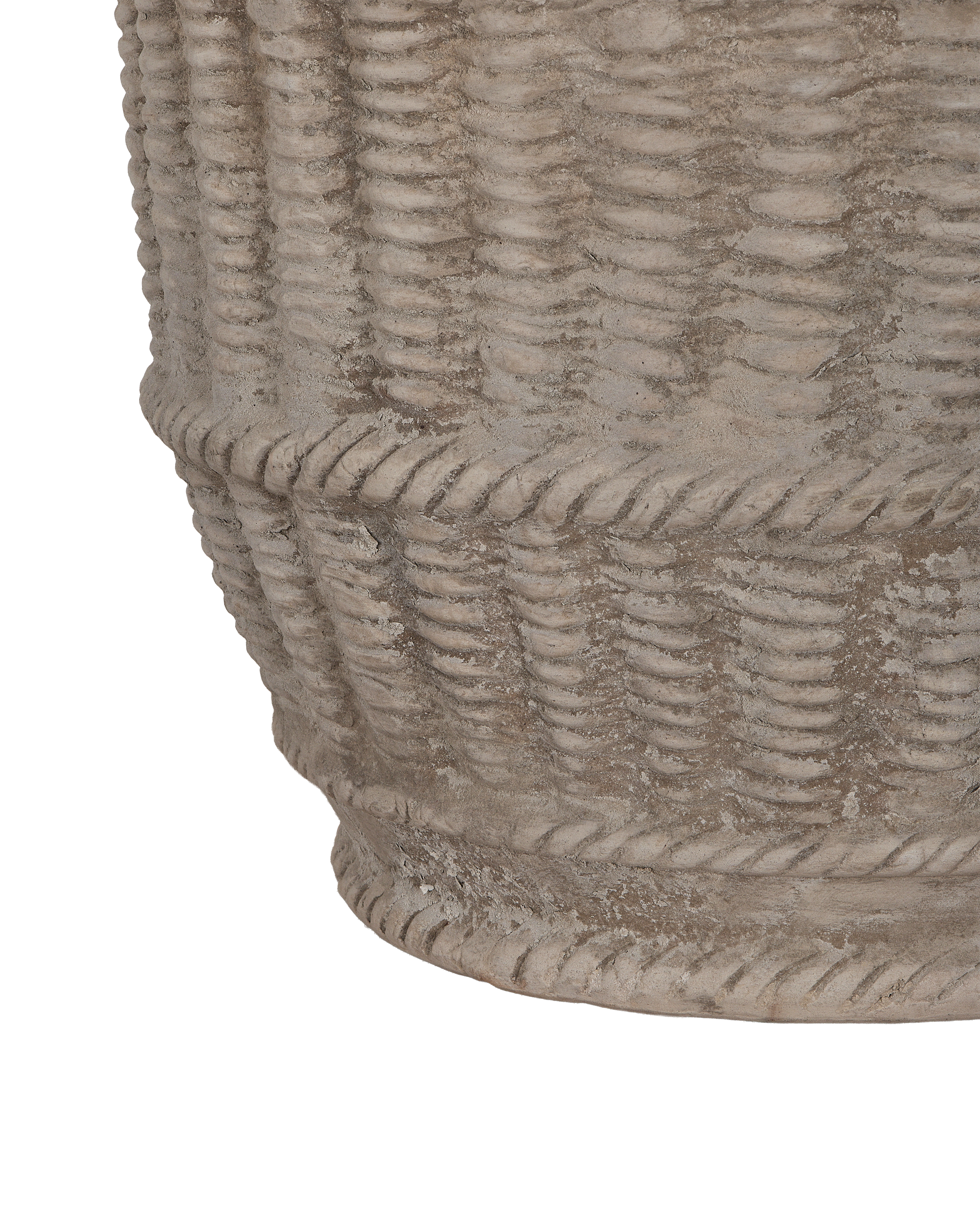 Detailed close-up showing woven texture of rustic grey Espalier basket pot base.