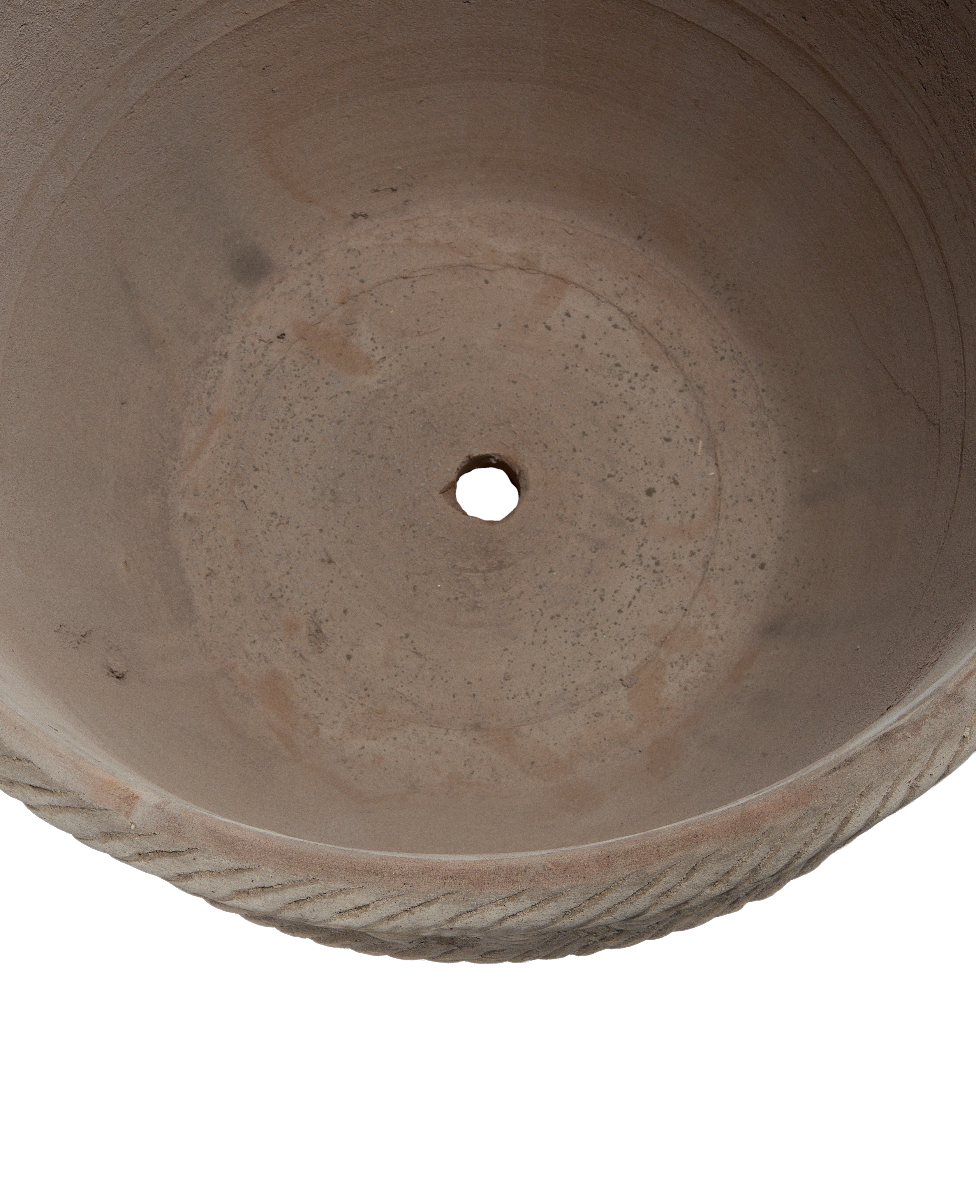 Espalier Basket Pot bottom, showing drainage hole and weathered detailed rim texture.