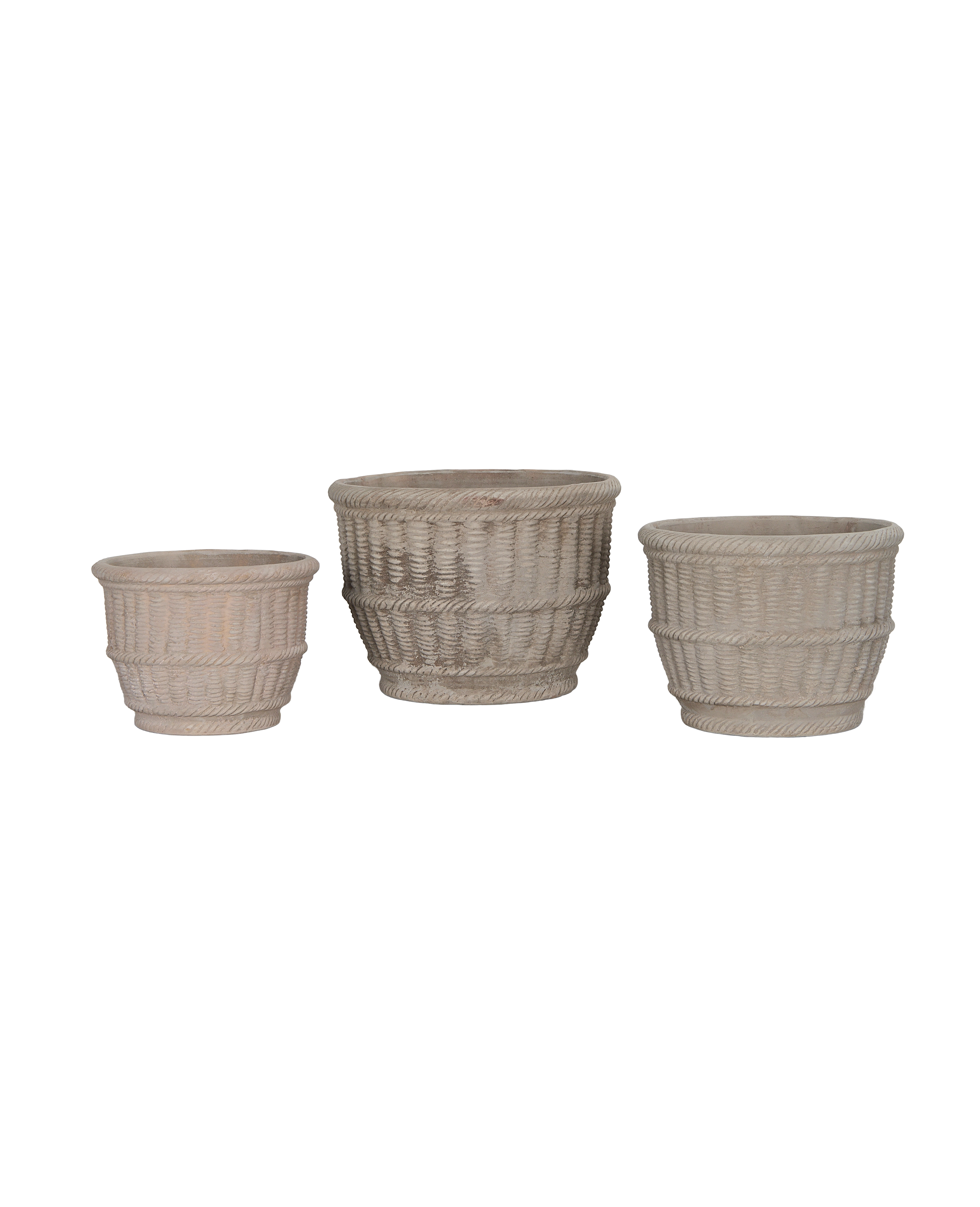 Set of three vintage Espalier basket pots from Vietnam, light grey, with textured woven design.