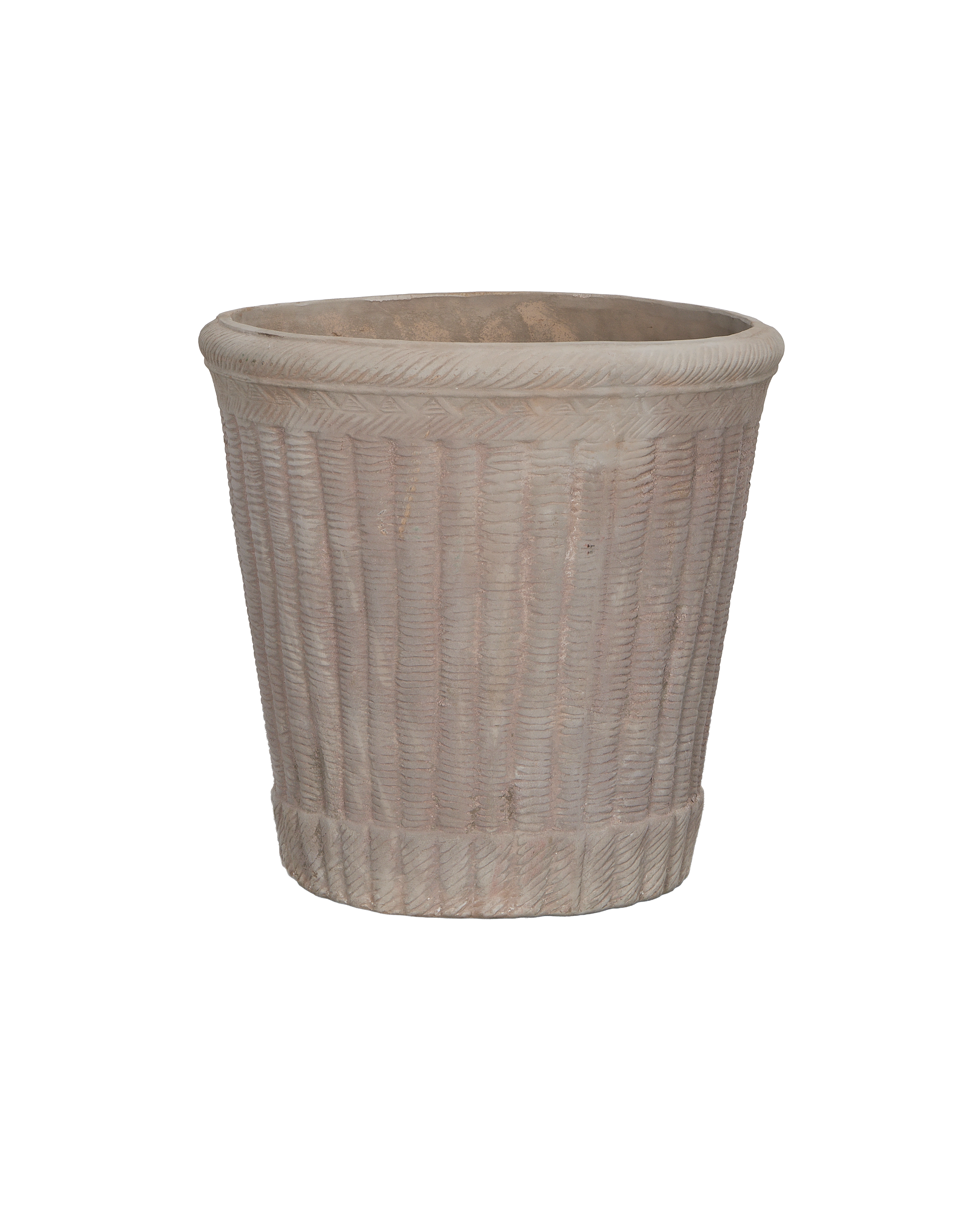 Close-up of the vintage weathered Colonnade planter showcasing its basketweave texture.
