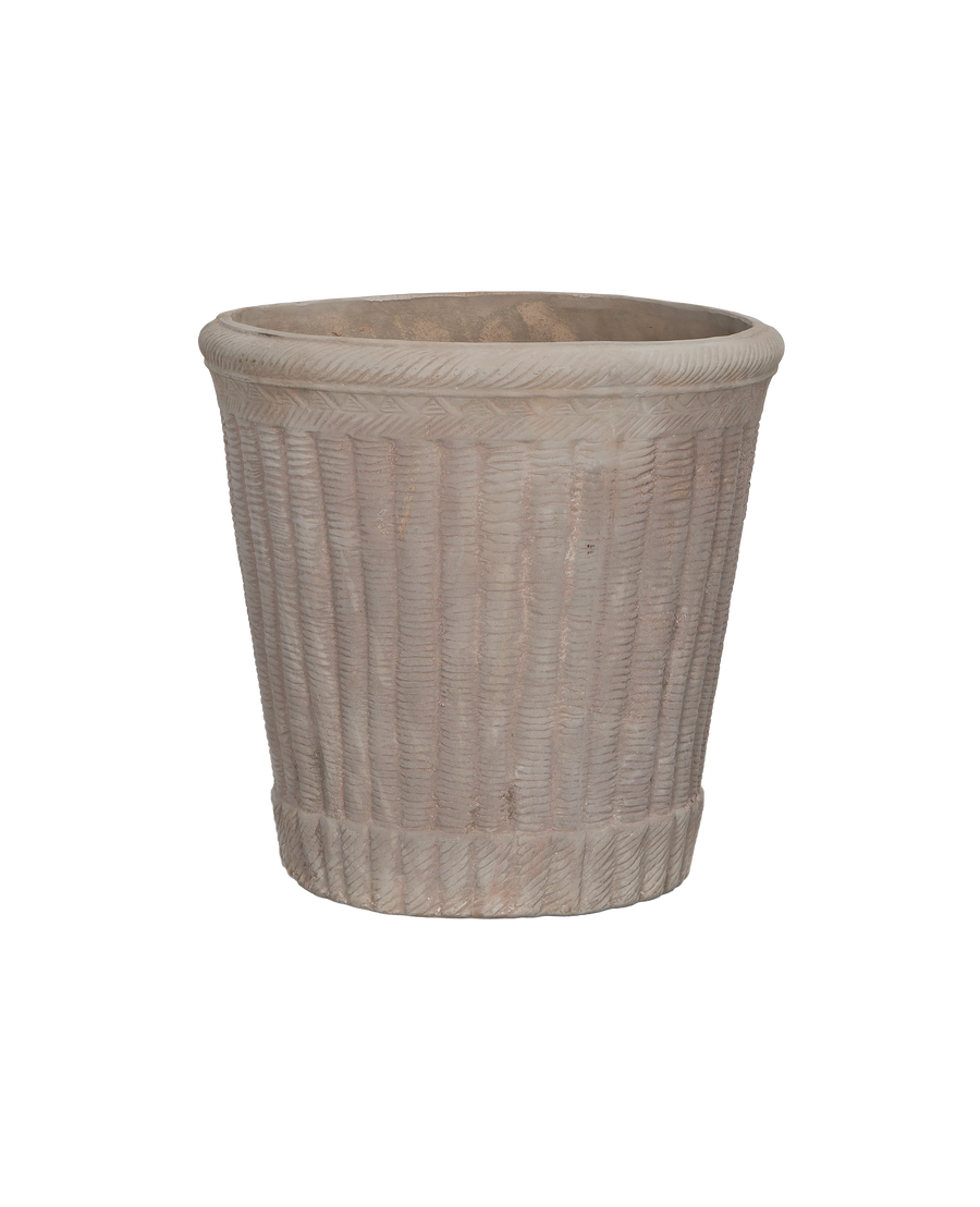Close-up of the vintage weathered Colonnade planter showcasing its basketweave texture.