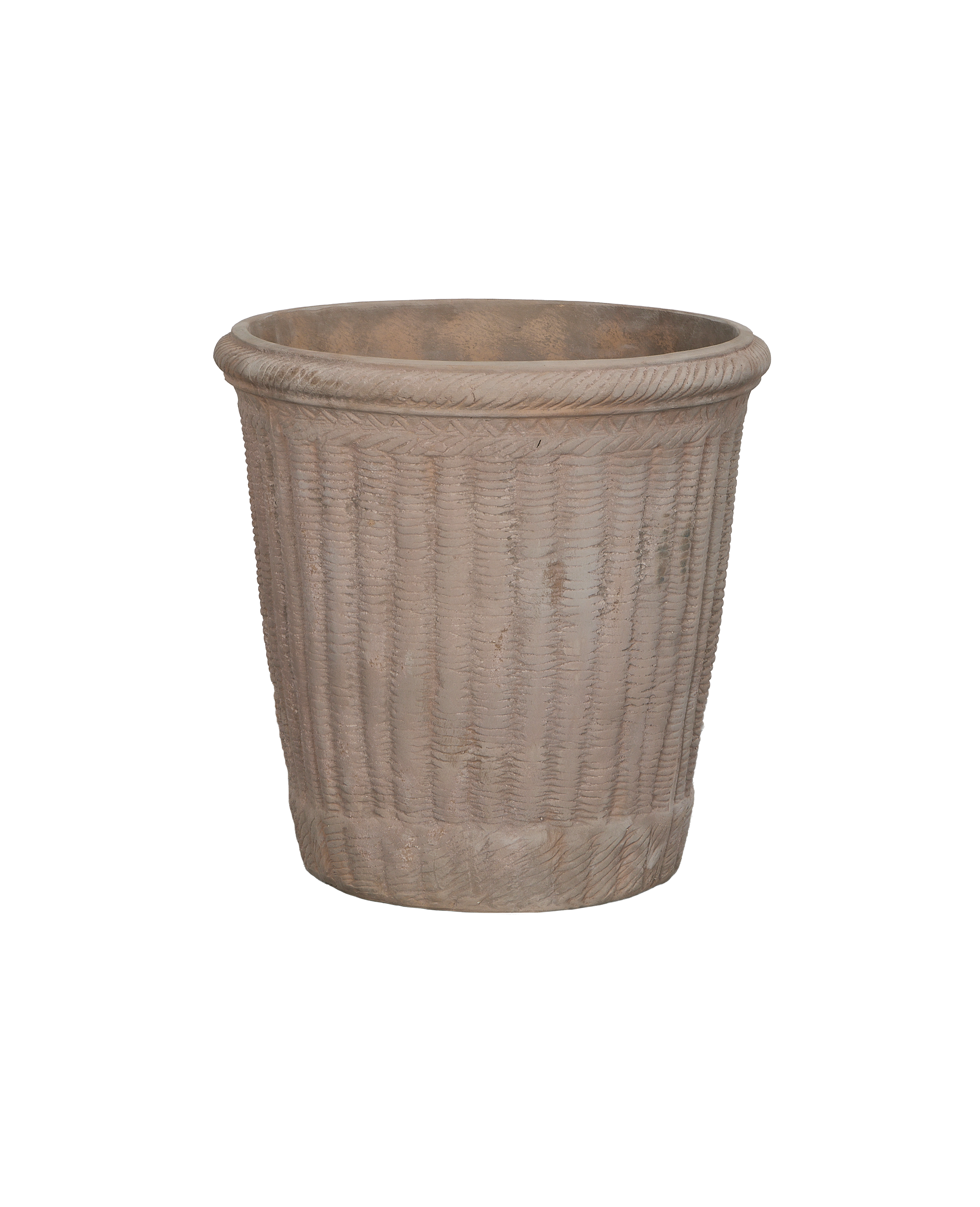 Colonnade terracotta basket planter, vintage style with weathered texture, full front view.
