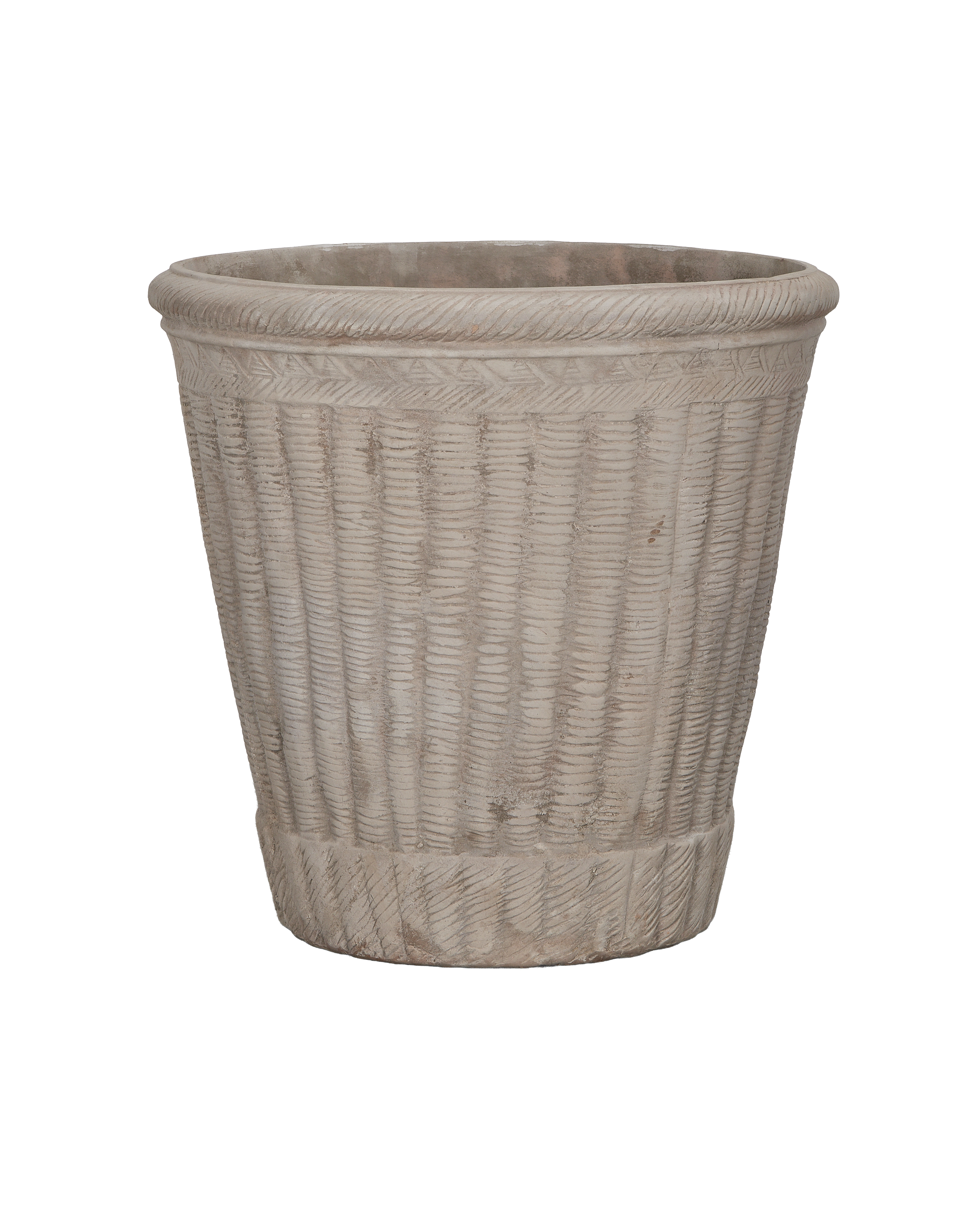 Colonnade Basket Planter, full side view, showing weathered terracotta texture.