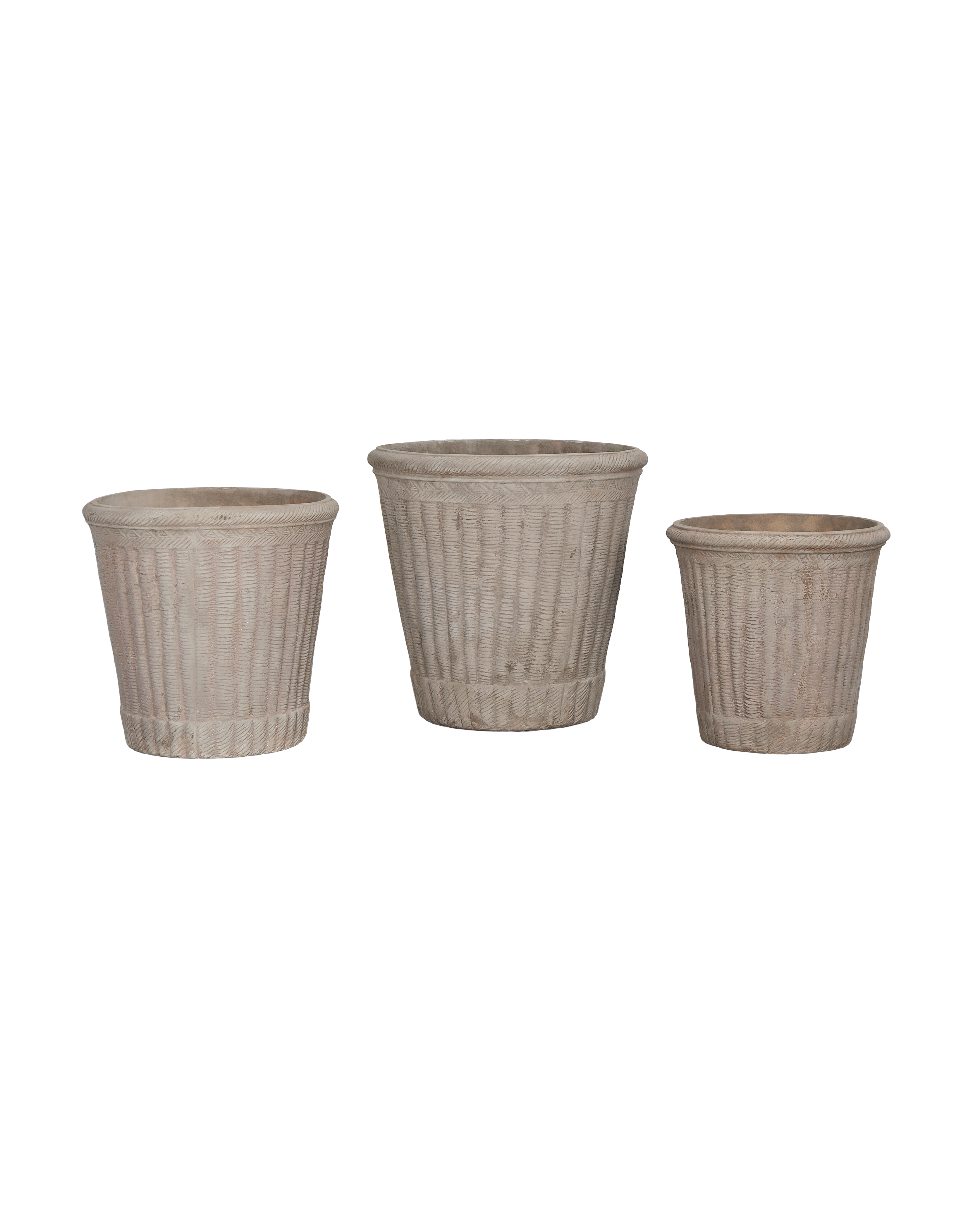 Set of three light gray, designed colonnade basket planters with intricate woven texture.