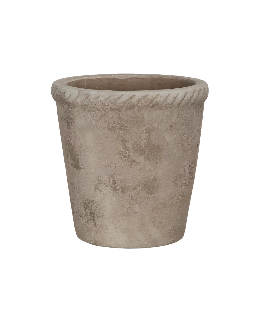 Entwine pot, designed distressed cream bulk cement, showing weathered texture.
