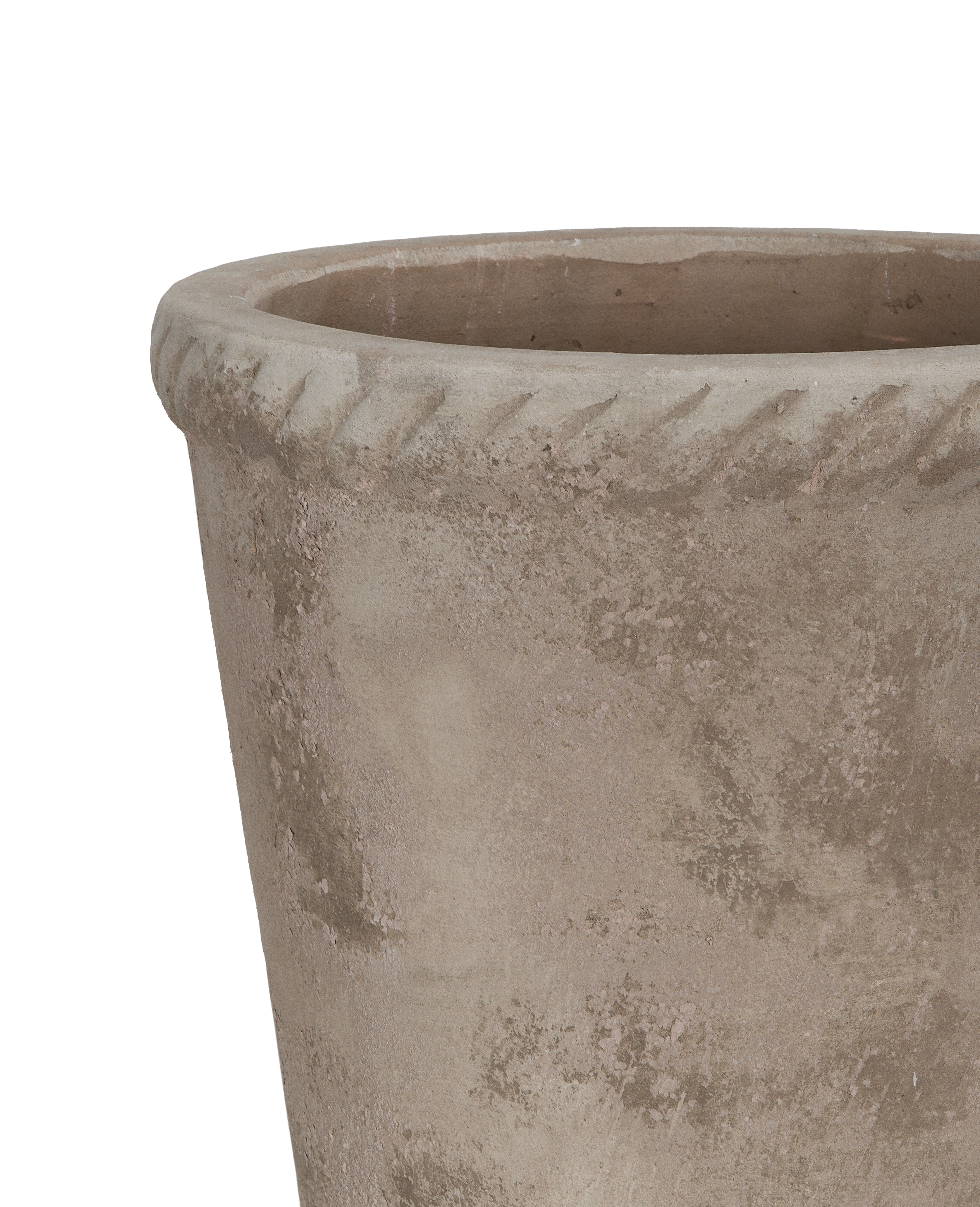 Close-up of the large Entwine Pot's textured rim and distressed concrete finish.