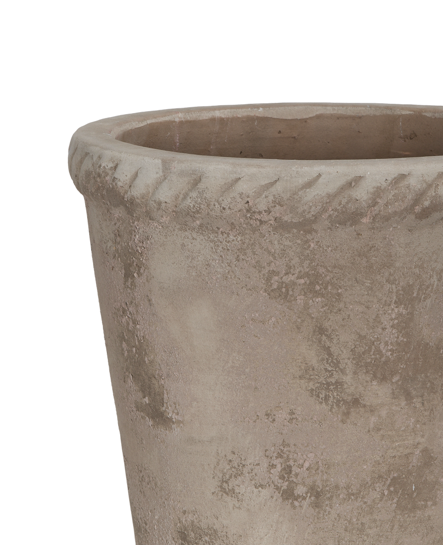 Close-up of the large Entwine Pot's textured rim and distressed concrete finish.